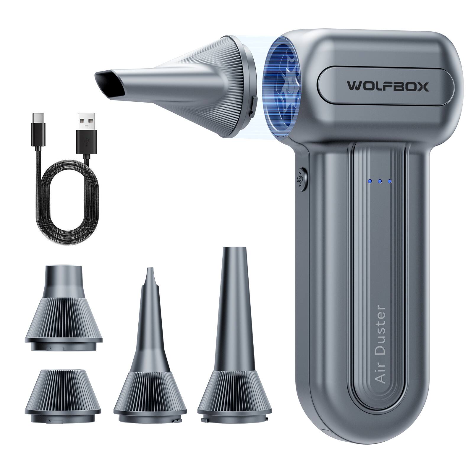 WOLFBOX - Compressed Air Duster DF60, 110000RPM Electric Air Duster, 3-Gear Rechargeable Cordless Air Blower, Fast Charge - Gray