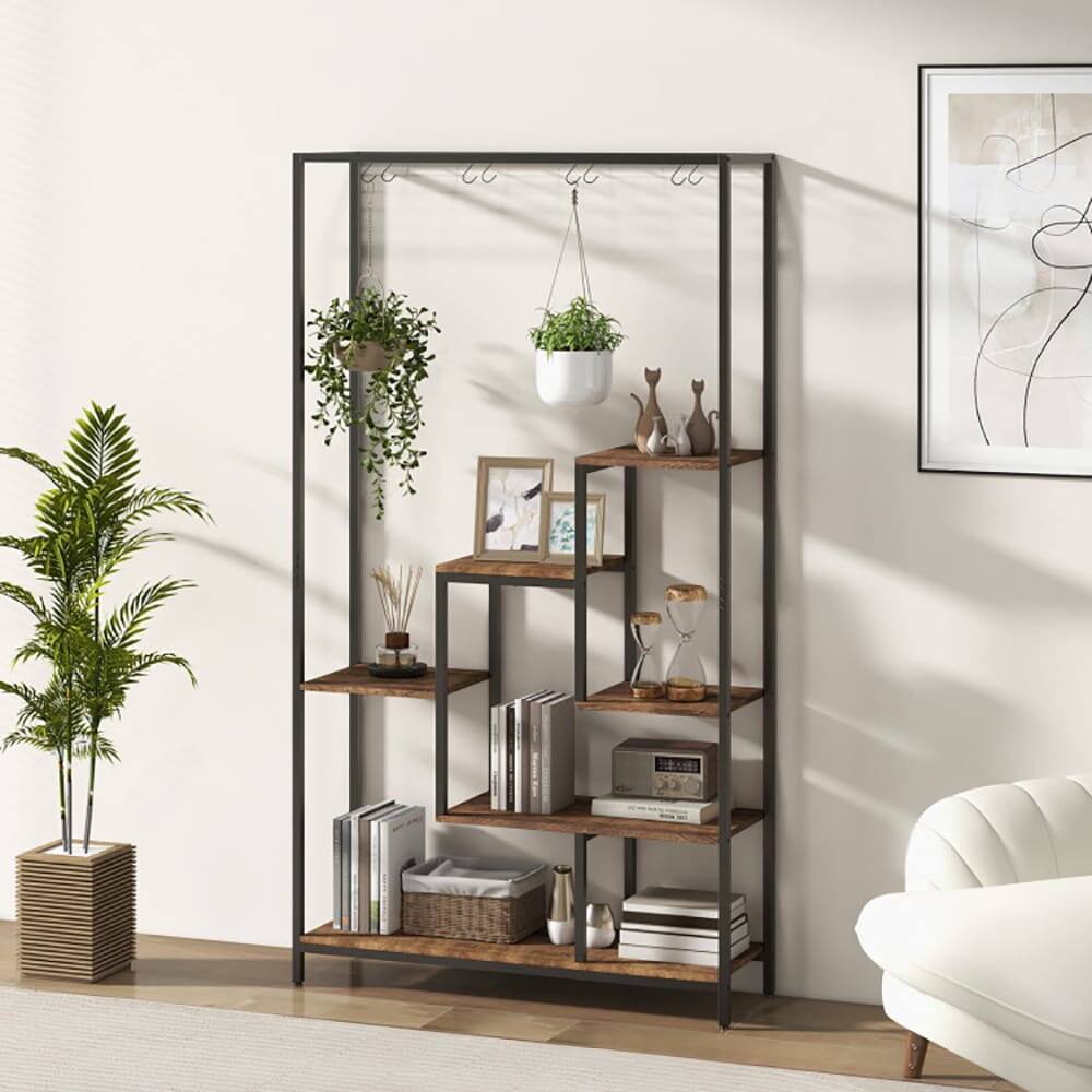 Alt View 4. Kadyn - 6-Tier Tall Plant Stand 71 Inch Metal Indoor Plant Shelf with 10 Hanging Hooks, Wood+Metal， Rustic Brown.