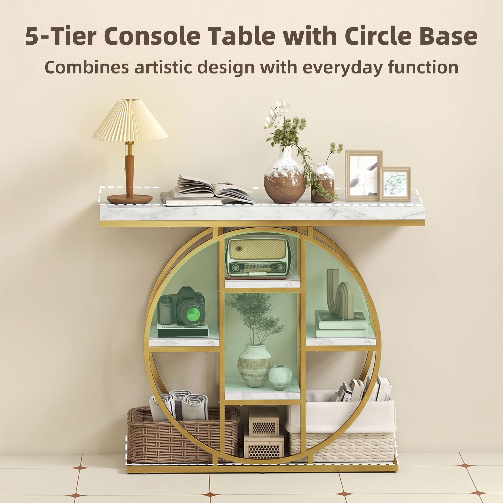 5-Tier Console Table with Circle Base  
Combines artistic design with everyday function