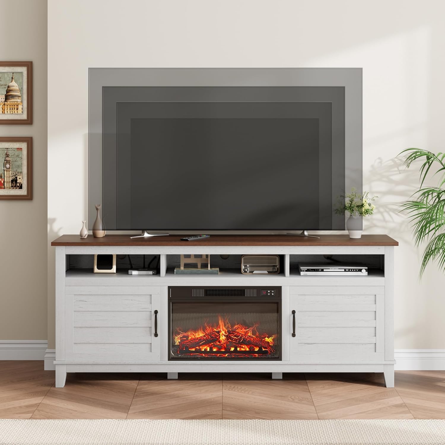 Angle. Jojoka - 71" Farmhouse TV Stand with 23" Electric Fireplace, Adjustable Storage, Media Console for Living Room & Bedroom - White.