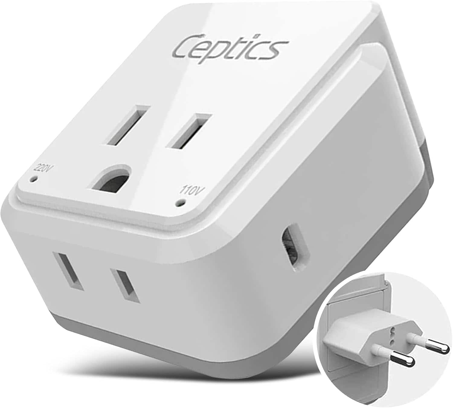 Ceptics - European Plug Adapter with USB-C 30W PD & QC 3.0 – 2 USA Outlets, Type C Attachment – Compact & Safe for Travel - White