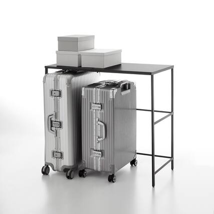 Front. Yamazaki Home - Expandable Suitcase Rack - Steel - Black.