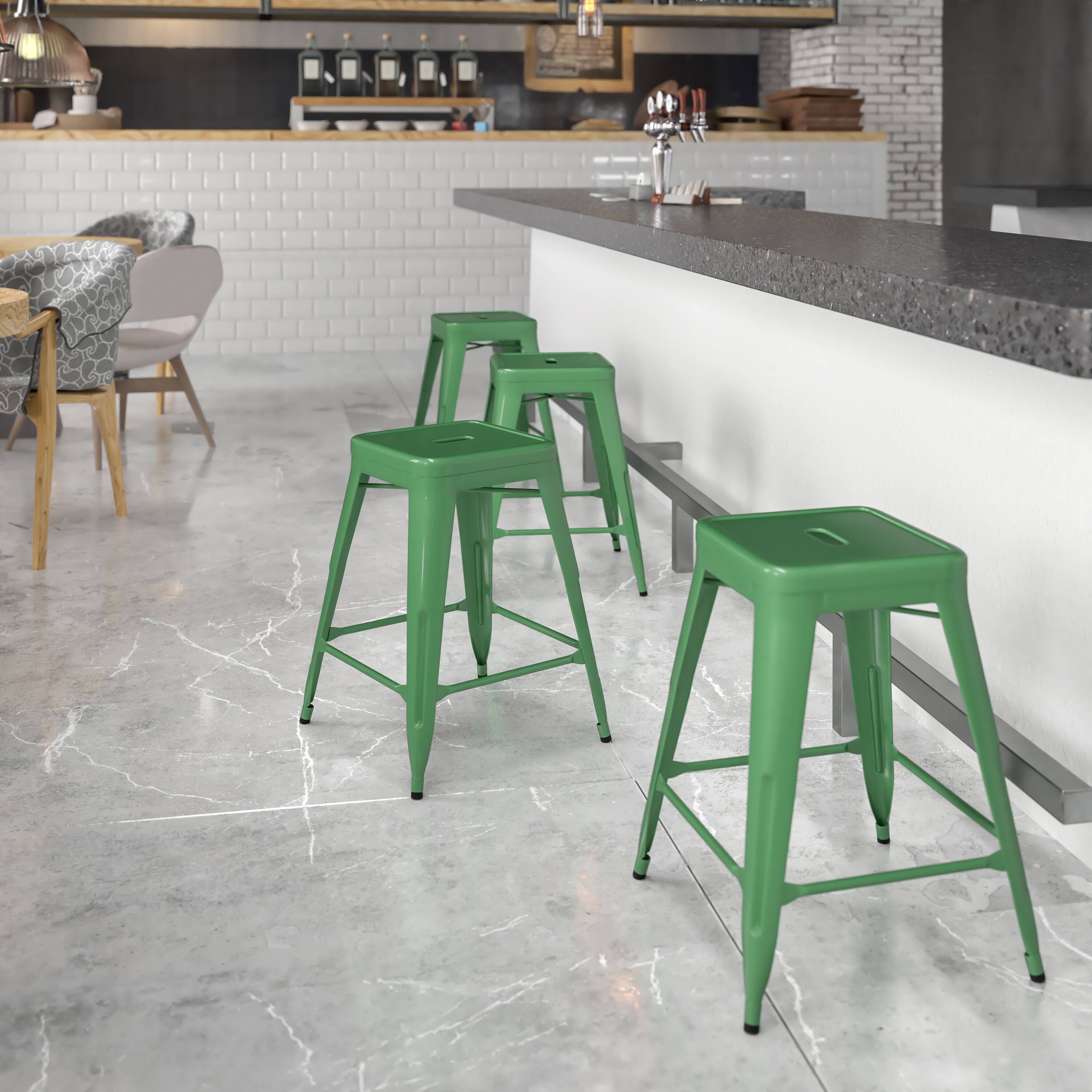 Alt View 1. Emma + Oliver - Commercial Grade 24"H Backless Metal Indoor-Outdoor Counter Stool w/ Square Seat - Green.