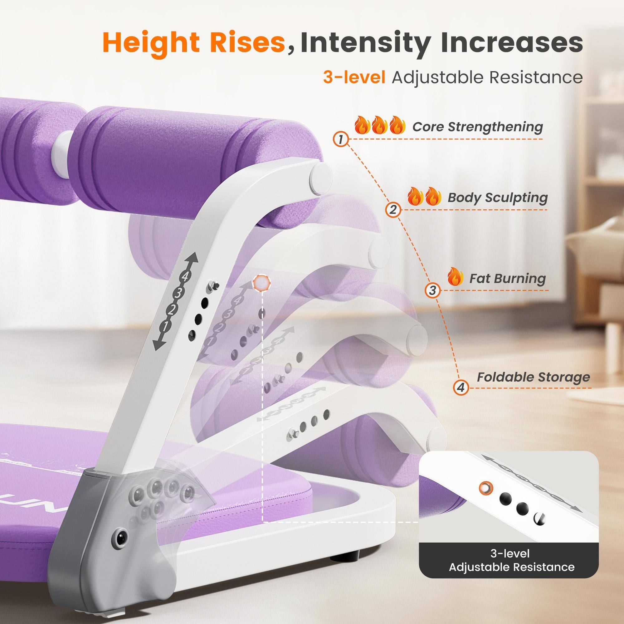 Height Rises, Intensity Increases  
3-level Adjustable Resistance  
1. Core Strengthening  
2. Body Sculpting  
3. Fat Burning  
4. Foldable Storage