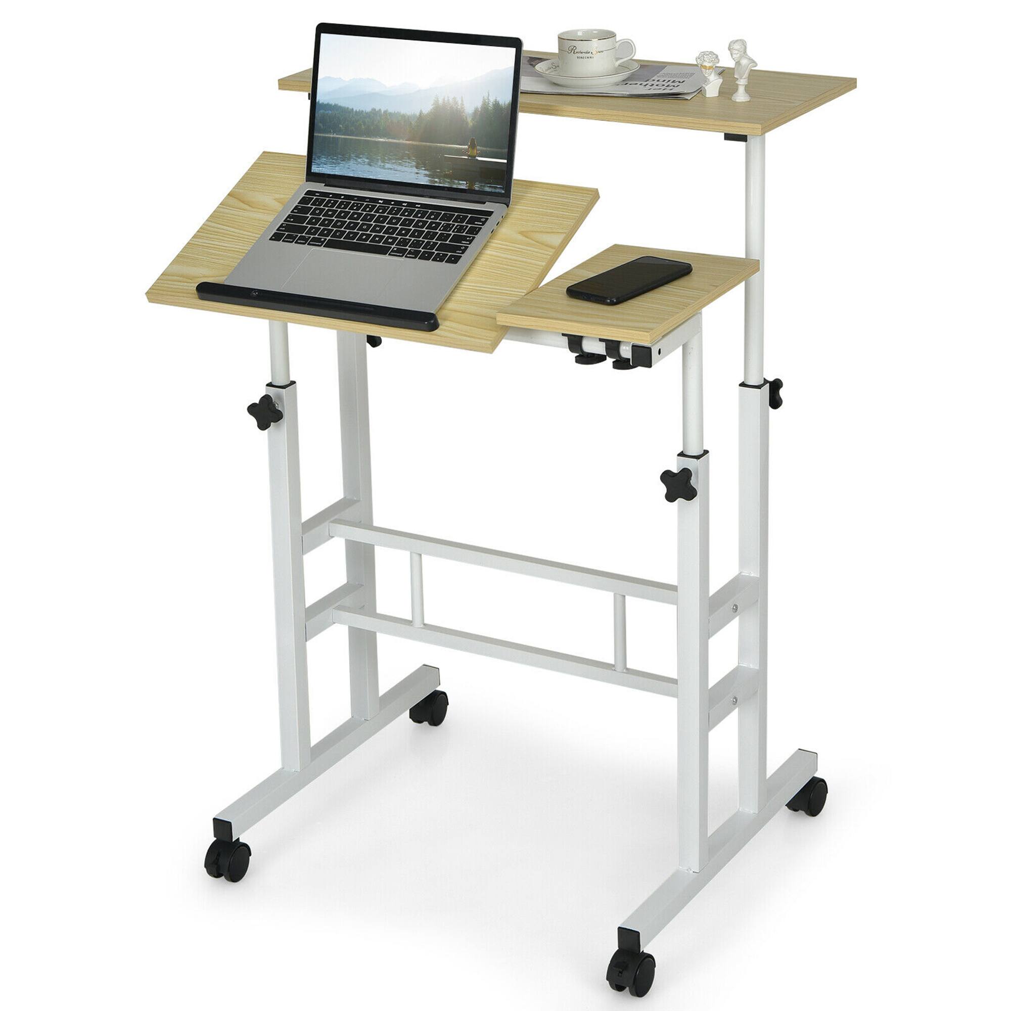Front. Gymax - Gymax Mobile Stand up Desk Adjustable Computer Desk Tilting Workstation Natural - Natural.