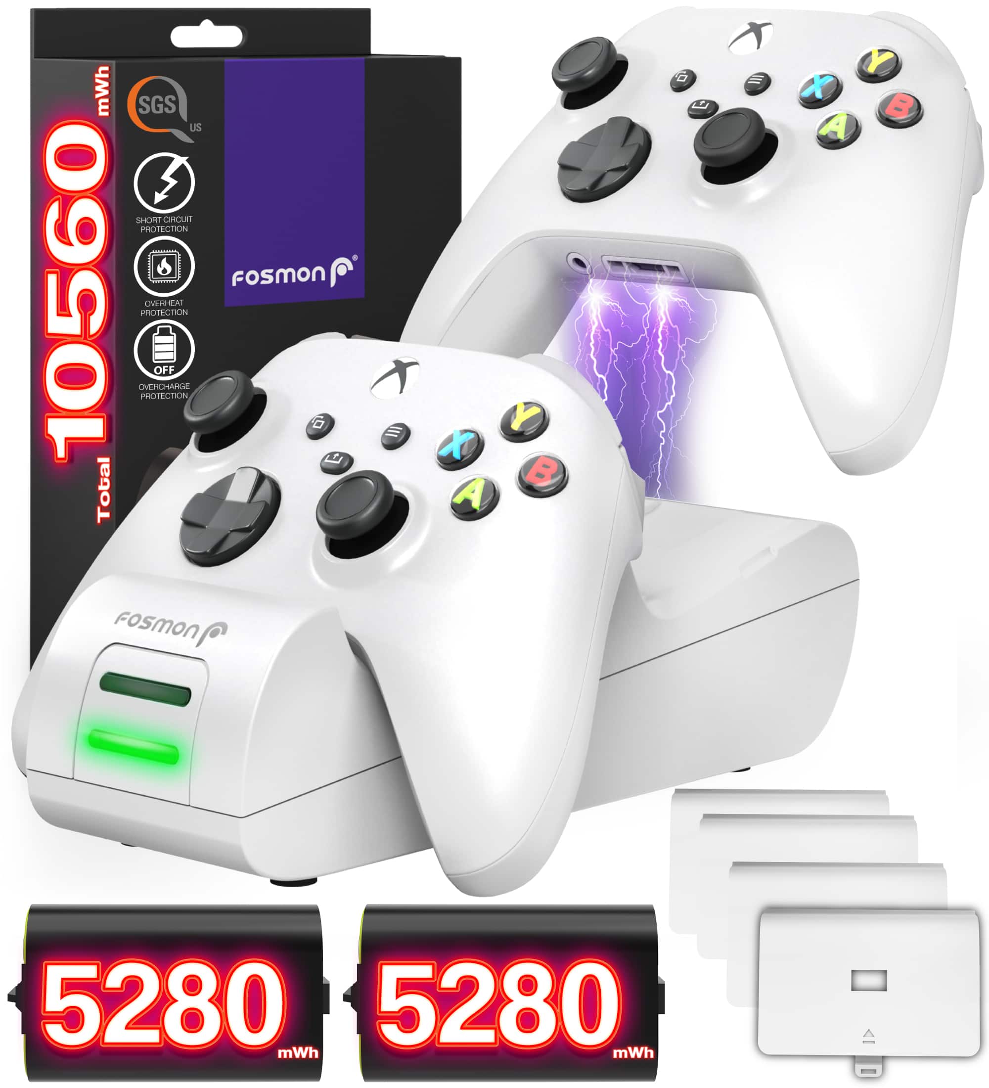 Fosmon - For Xbox Controller Charging Station, Dual High Speed Xbox Charger Station, 5280 mWh Battery For Xbox One X Xbox One S - White