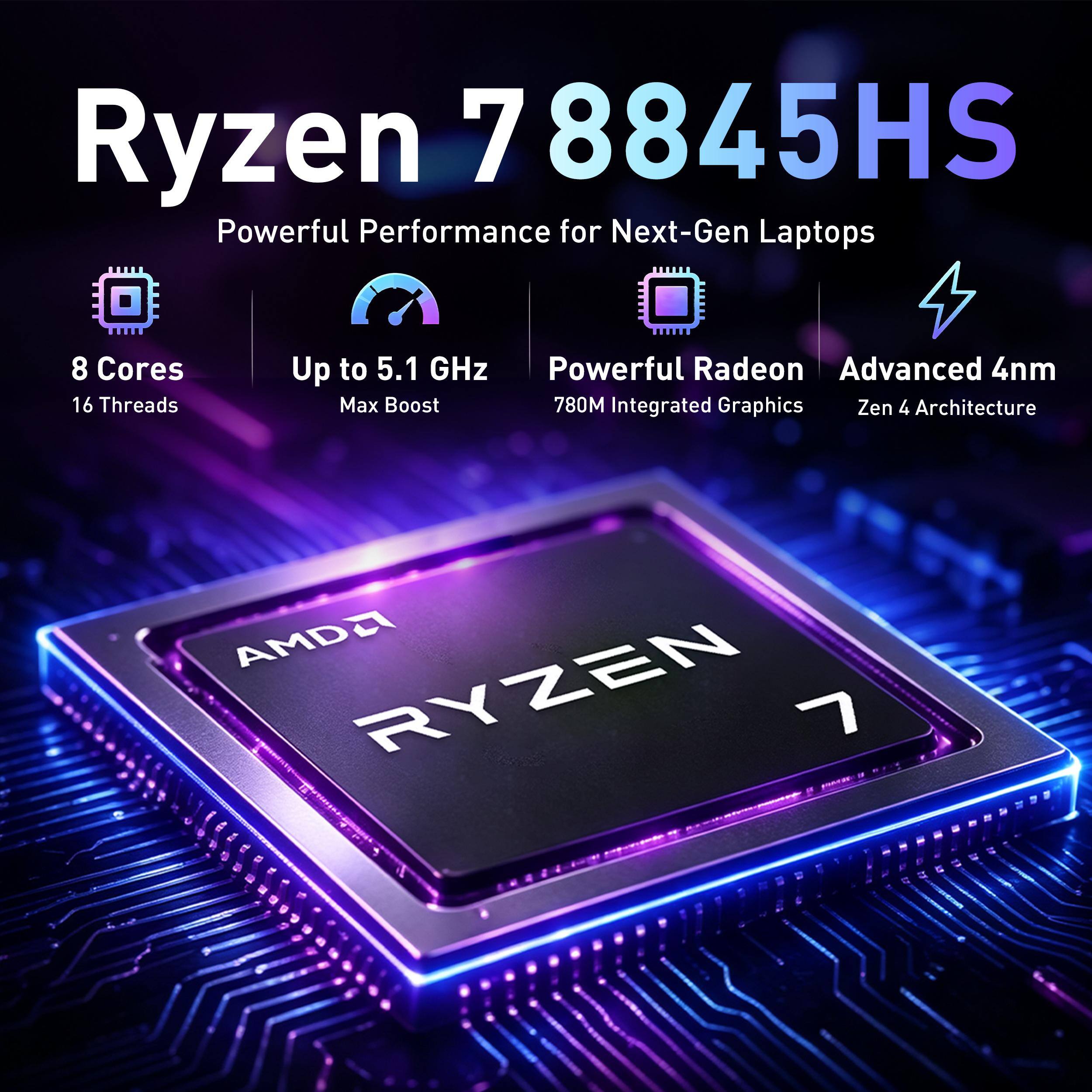 Ryzen 7 8845HS  
Powerful Performance for Next-Gen Laptops  
8 Cores 16 Threads  
Up to 5.1 GHz Max Boost  
Powerful Radeon Advanced 4nm 780M Integrated Graphics  
Zen 4 Architecture  
AMD Ryzen 7