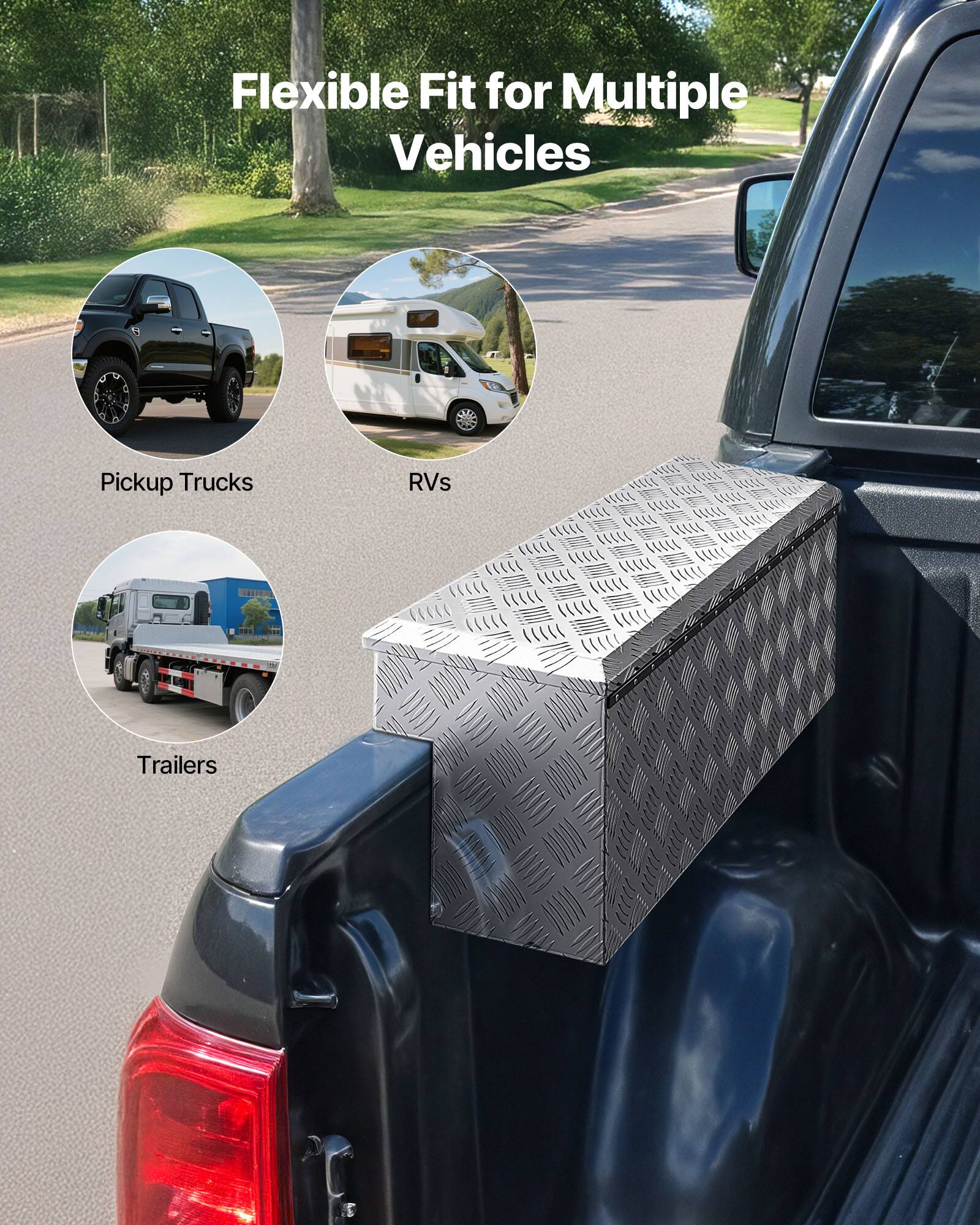 Flexible Fit for Multiple Vehicles

- Pickup Trucks
- RVs
- Trailers