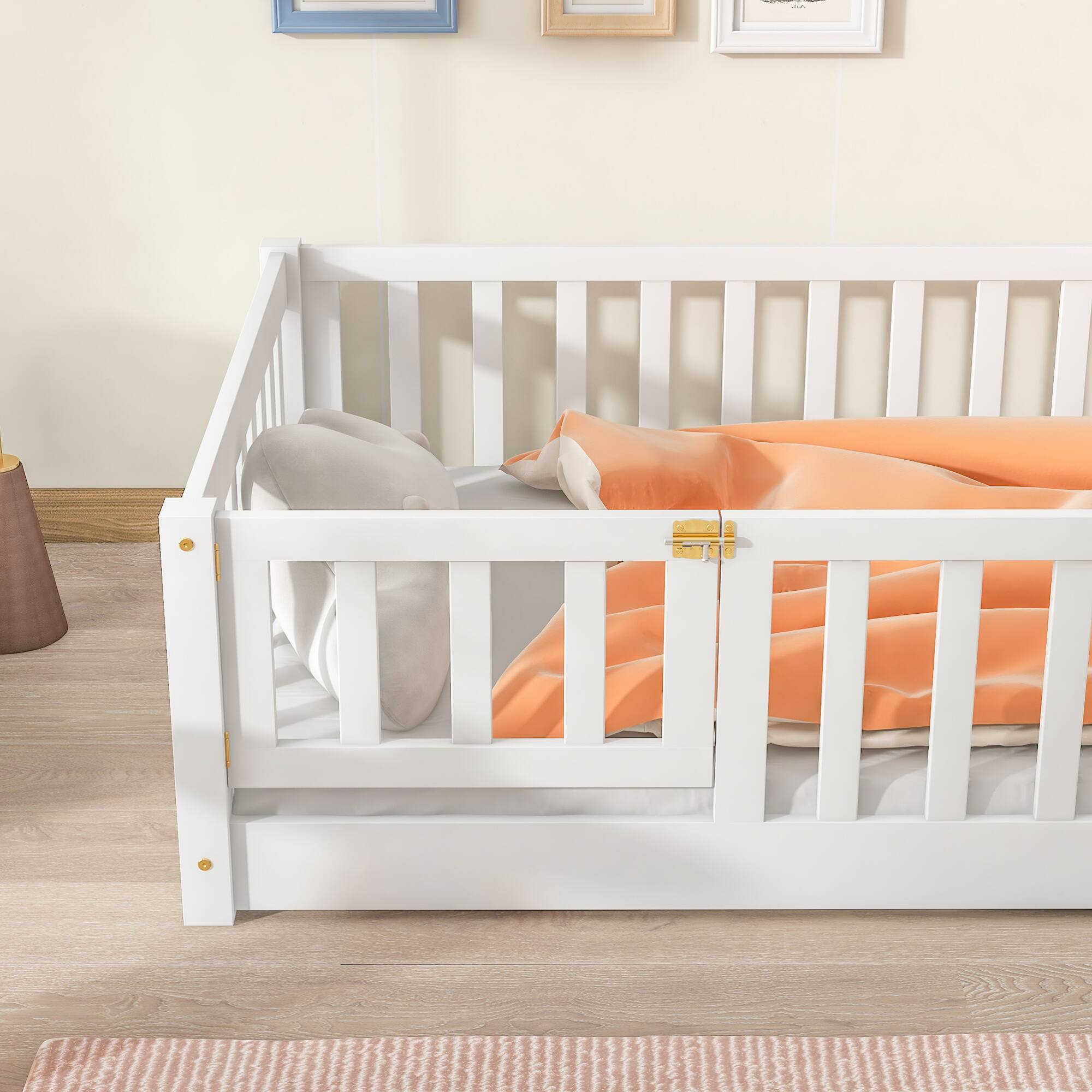Alt View 1. GOODSILO - Twin Size Low-Profile Children's Floor Bed with Safety Guardrails and Entry Door, Natural Wood Finish - White.