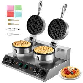 VEVOR - Commercial Waffle Maker, Dual-Head Round Waffle Baker Machine, 2460W Non-Stick Stainless Steel Belgian Waffle Iron - Silver;Black