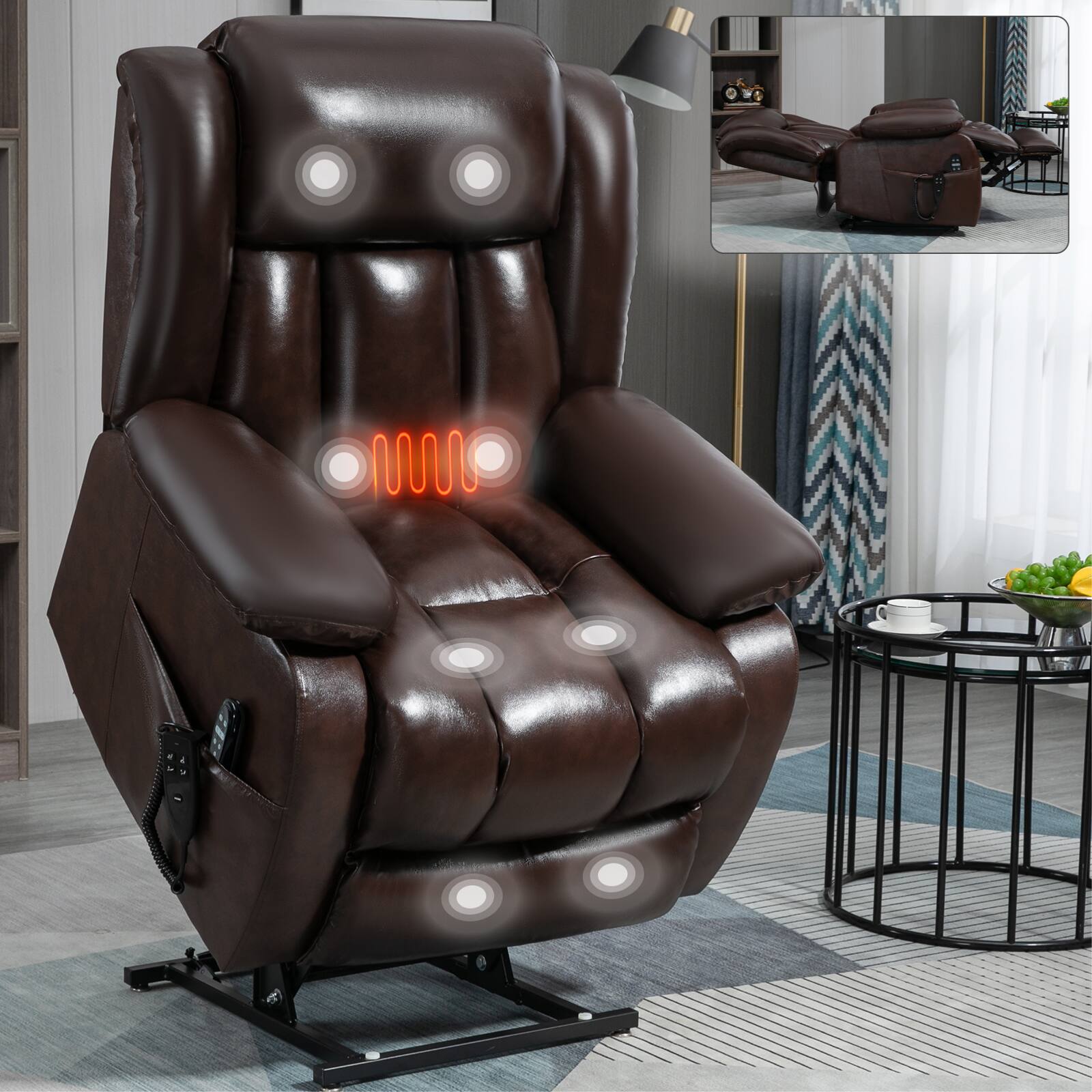 Alt View 6. LUCKY ONE - Leather Dual Motor Power Lift Recliner Chair with Massage and Heat, Infinite Position, Power-Remote - Antique Brown.