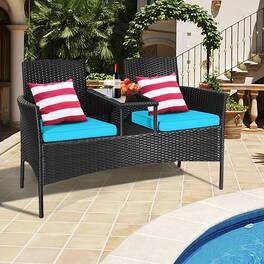 Gymax - Rattan Wicker Patio Conversation Set w/ Table Cushion - Turquoise