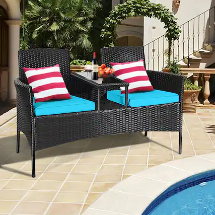 Front. Gymax - Gymax Rattan Wicker Patio Conversation Set w/ Table Turquoise Cushion - Turquoise.