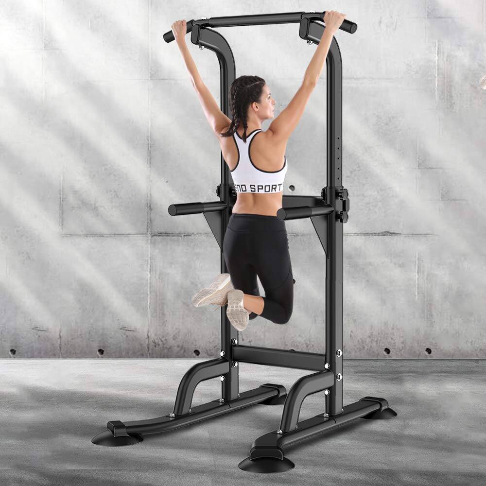 Angle. ThinkLink Electronic - Power Tower Dip Station Pull Up Bar For Home Gym Adjustable Height Strength Workout Equipment - Black.