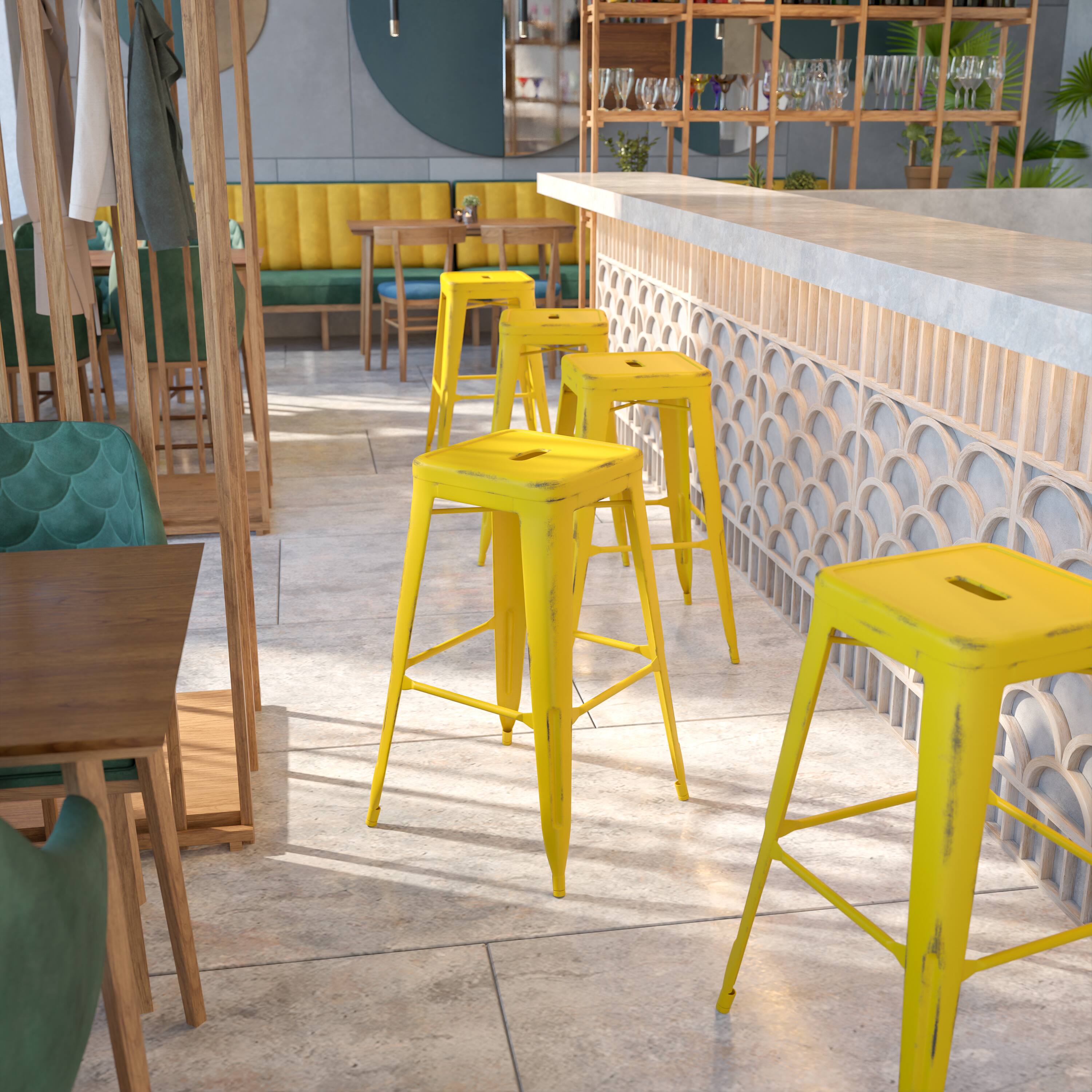 Alt View 1. Emma + Oliver - Commercial Grade 30"H Backless Distressed Colorful Metal Indoor-Outdoor Barstool - Yellow.
