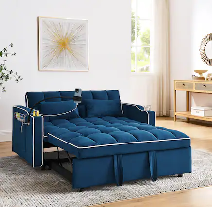 Front. GOODSILO - Versatile 55-Inch Foldable Sofa Bed with Adjustable Backrest and Modern Convenience Features for Living Spaces - Blue.