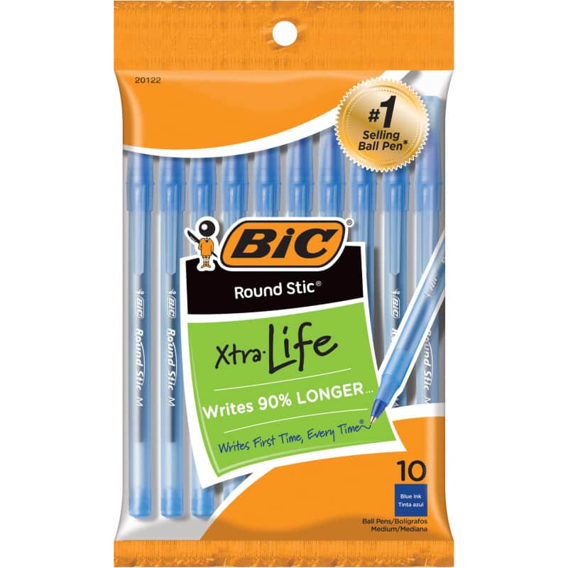 BIC - Round Stic Xtra Life Ballpoint Pen, Medium Point (1.0mm), Blue, Pack of 10