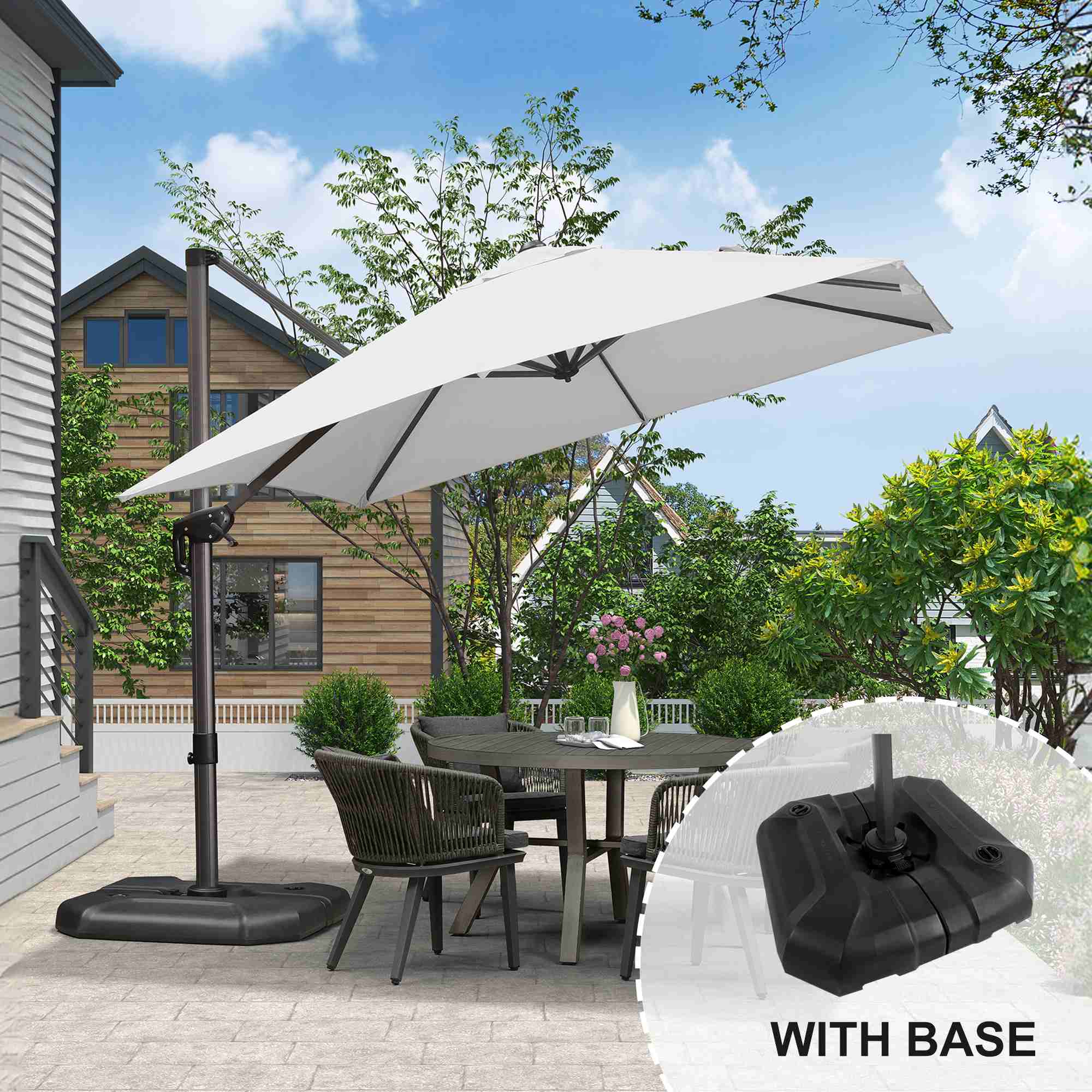PURPLE LEAF - 9 ft. Square Aluminum Outdoor Patio Cantilever Umbrella Offset 360° Rotation Umbrella with Base for Garden Deck Pool - White