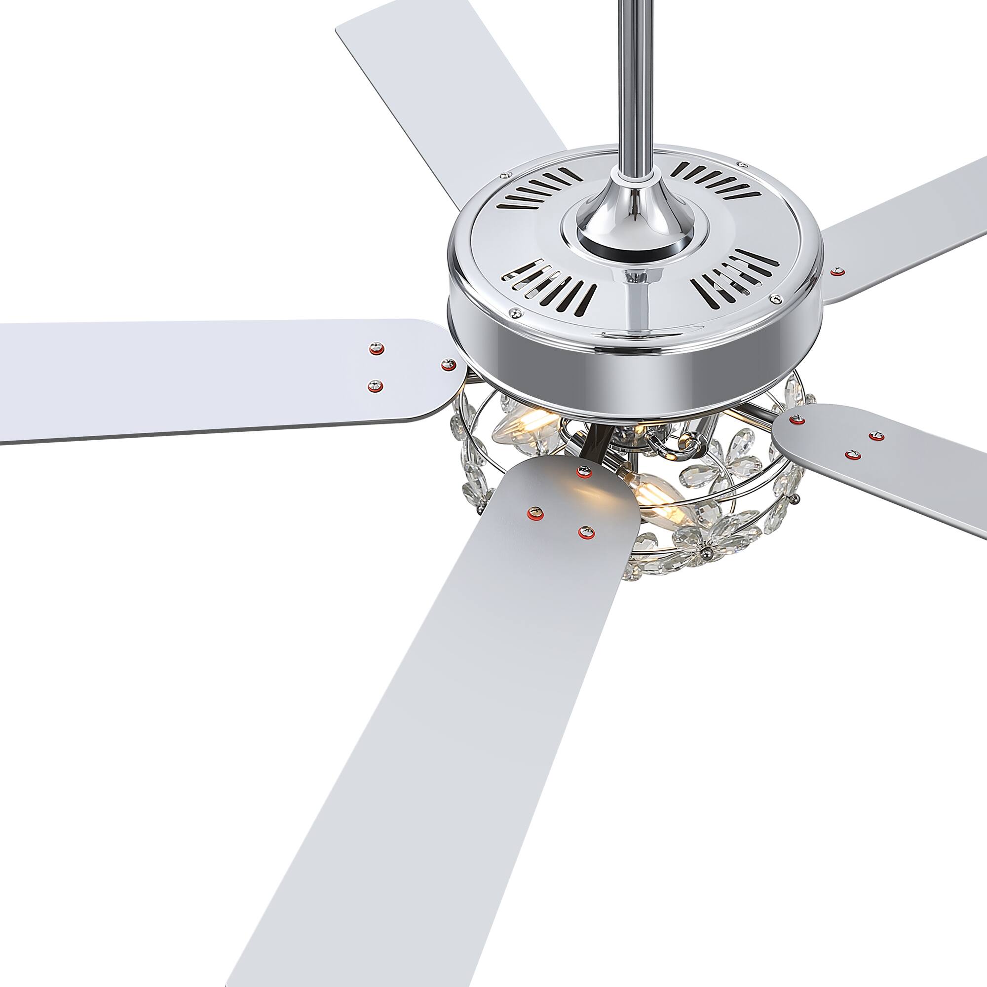 Alt View 9. Breezary - 52-Inch Crystal Chandelier Ceiling Fan with 5 Reversible Blades, 6-Speed Remote, Timer, 5"/10" Downrod Mount - chrome and silver.