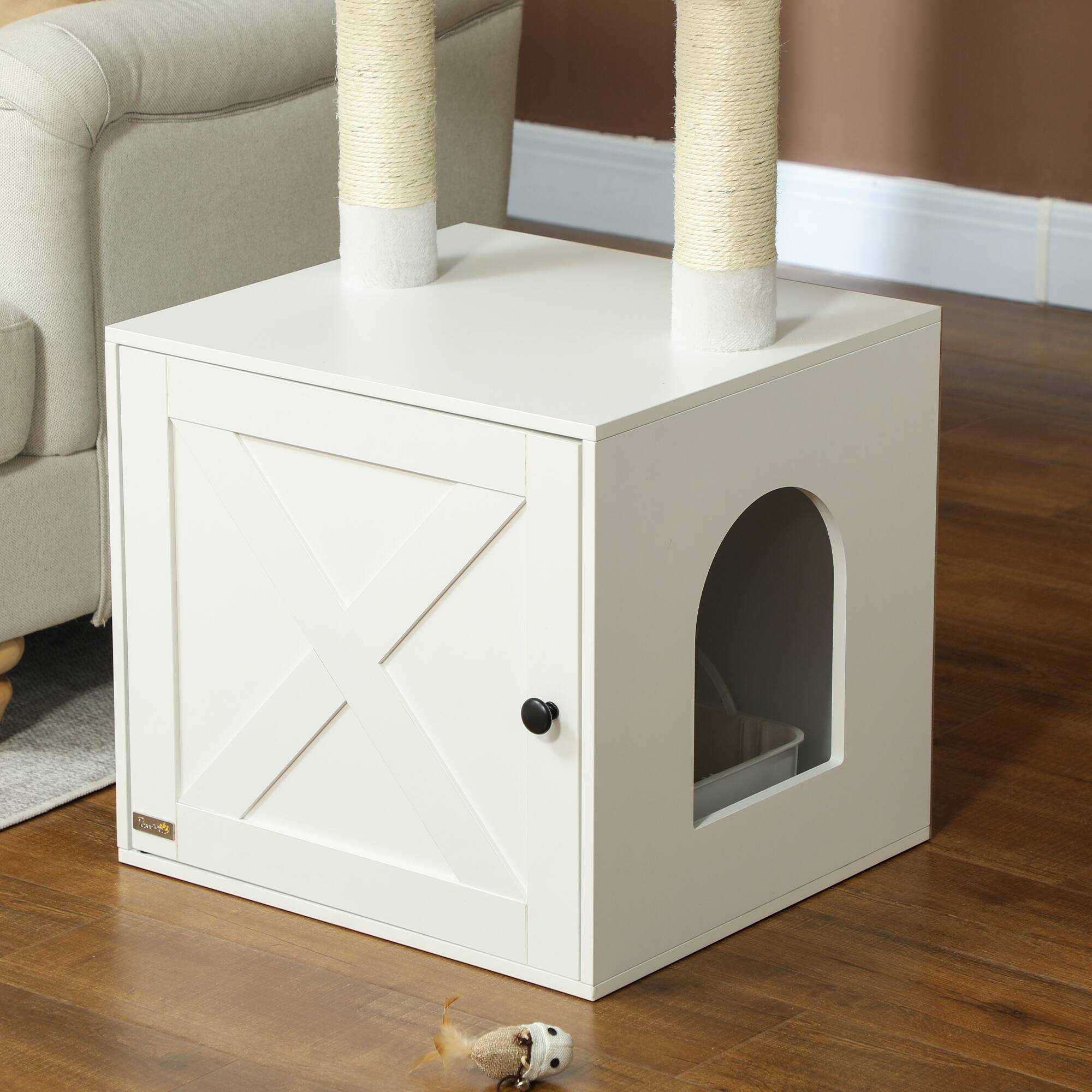 Alt View 5. Pawhut - Cat Tree with Litter Box, 2-in-1 Cat Tower with Scratching Posts, Climbing Platforms, Modern Style - White.