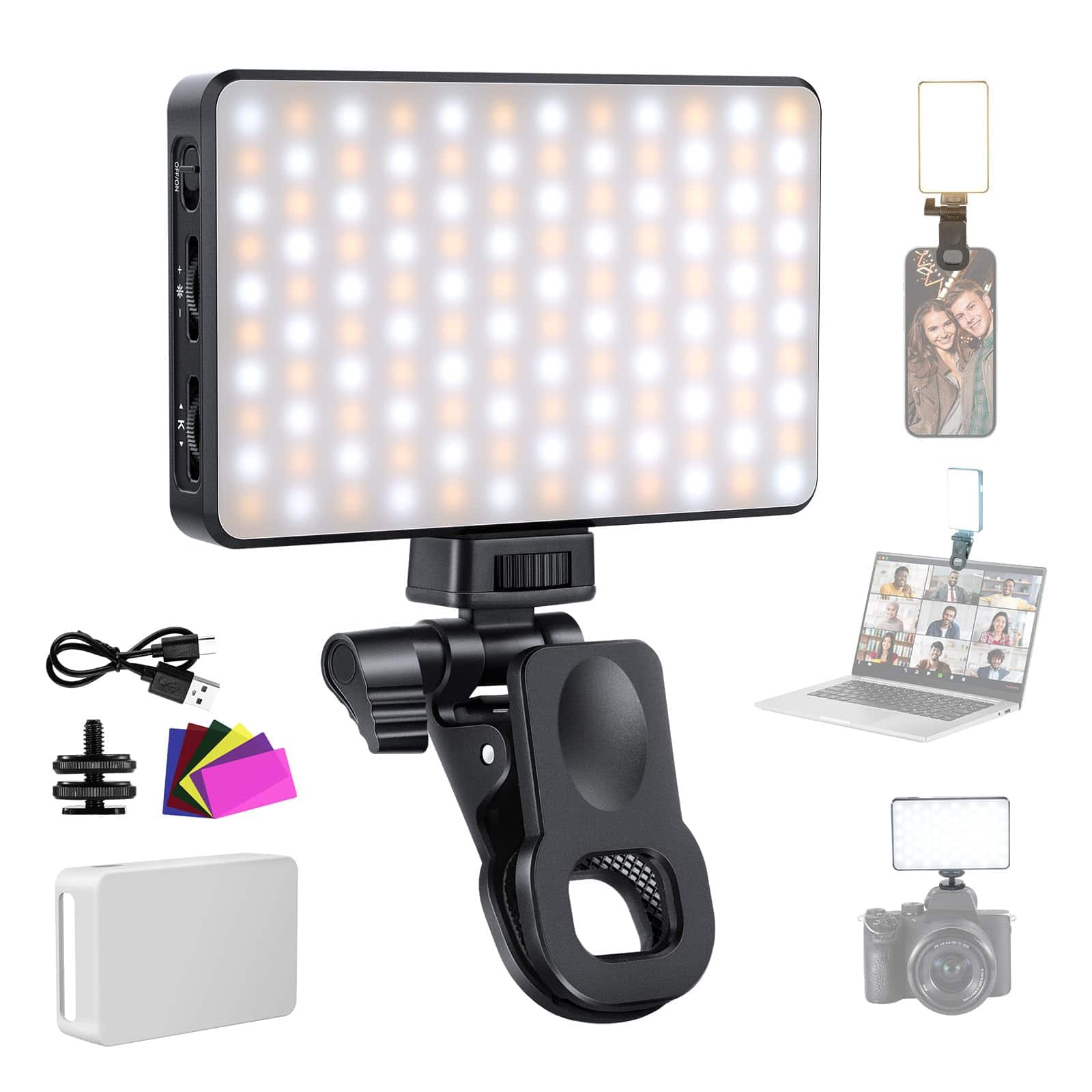 Neewer - Basics LED Selfie Light, Rechargeable Clip-On with Color Filters & 3000mAh for iPhone/Laptop Video - Black