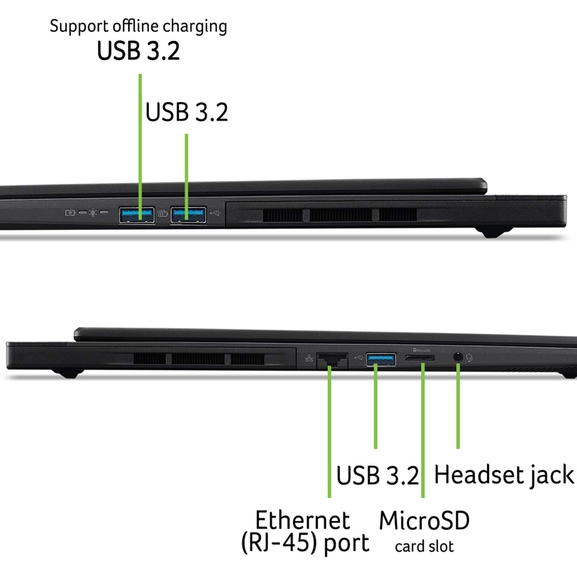 Support offline charging USB 3.2 USB 3.2 - USB 3.2 Headset jack Ethernet MicroSD (RJ-45) port card slot