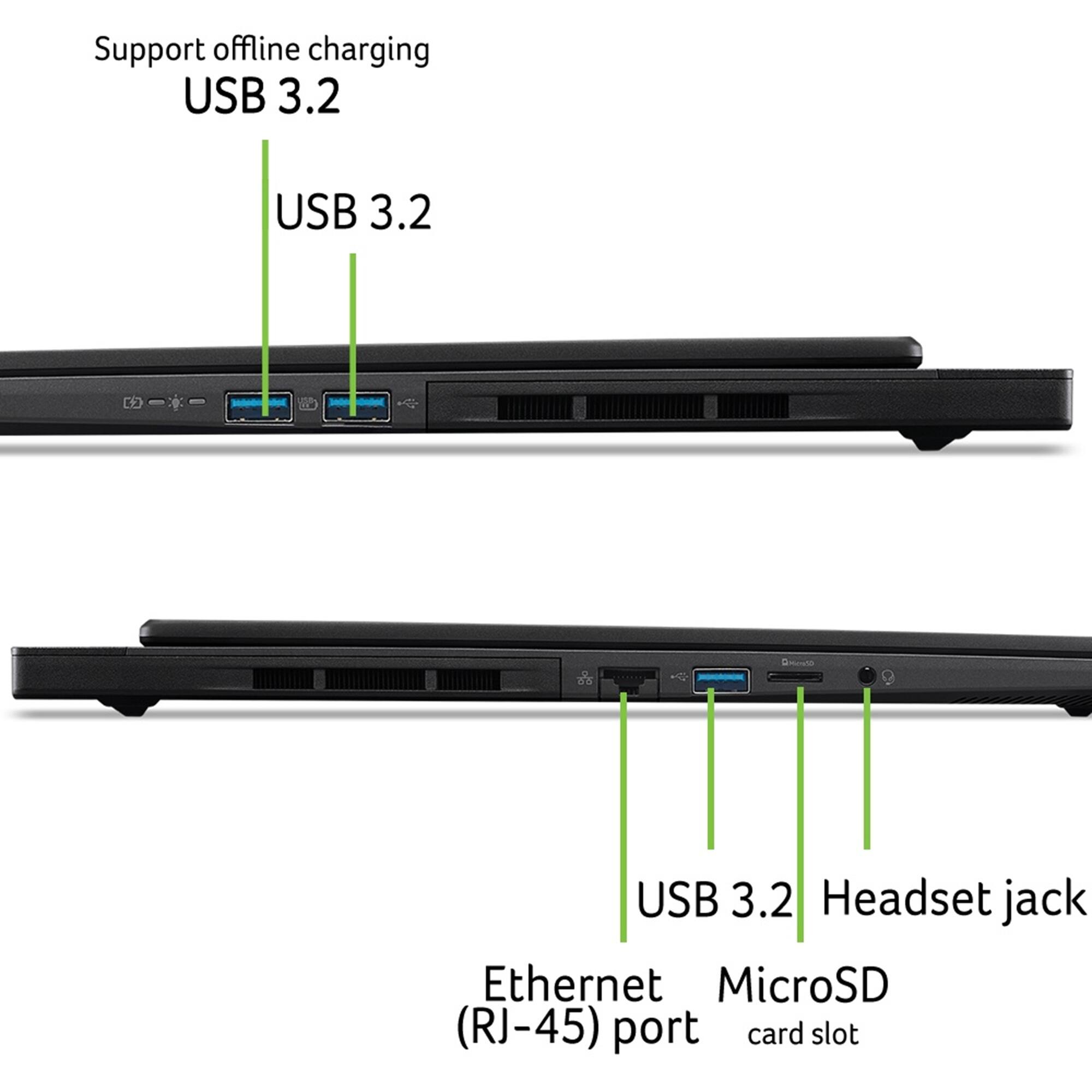 Support offline charging USB 3.2 USB 3.2 - USB 3.2 Headset jack Ethernet MicroSD (RJ-45) port card slot