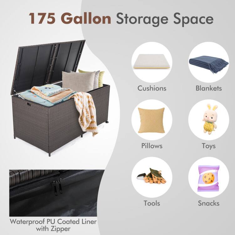 175 Gallon Storage Space

Cushions
Blankets
Pillows
Toys
Tools
Snacks

Waterproof PU Coated Liner with Zipper