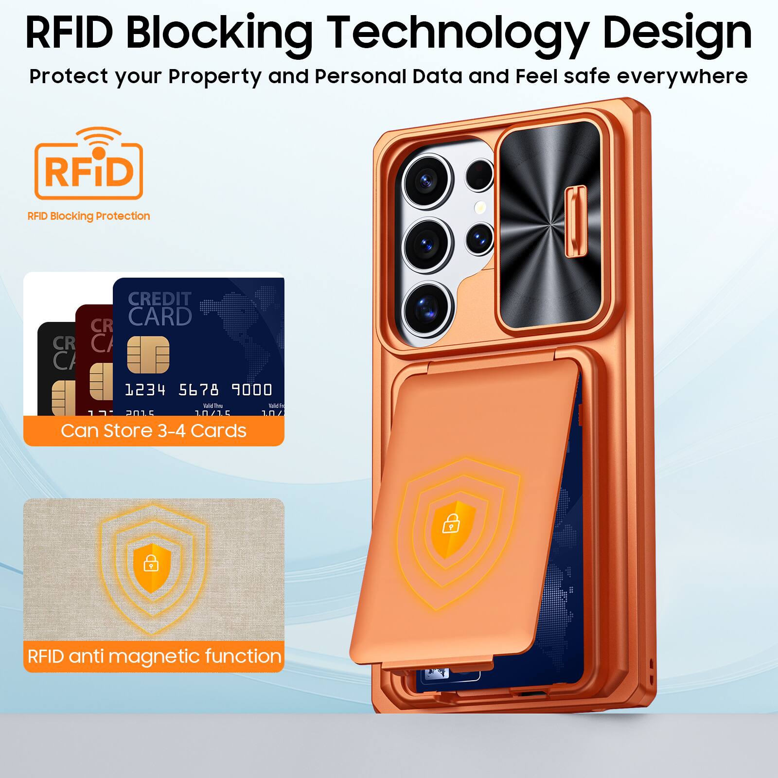 RFID Blocking Technology Design  
Protect your Property and Personal Data and Feel safe everywhere  

RFID Blocking Protection  

Can Store 3-4 Cards  

RFID anti magnetic function