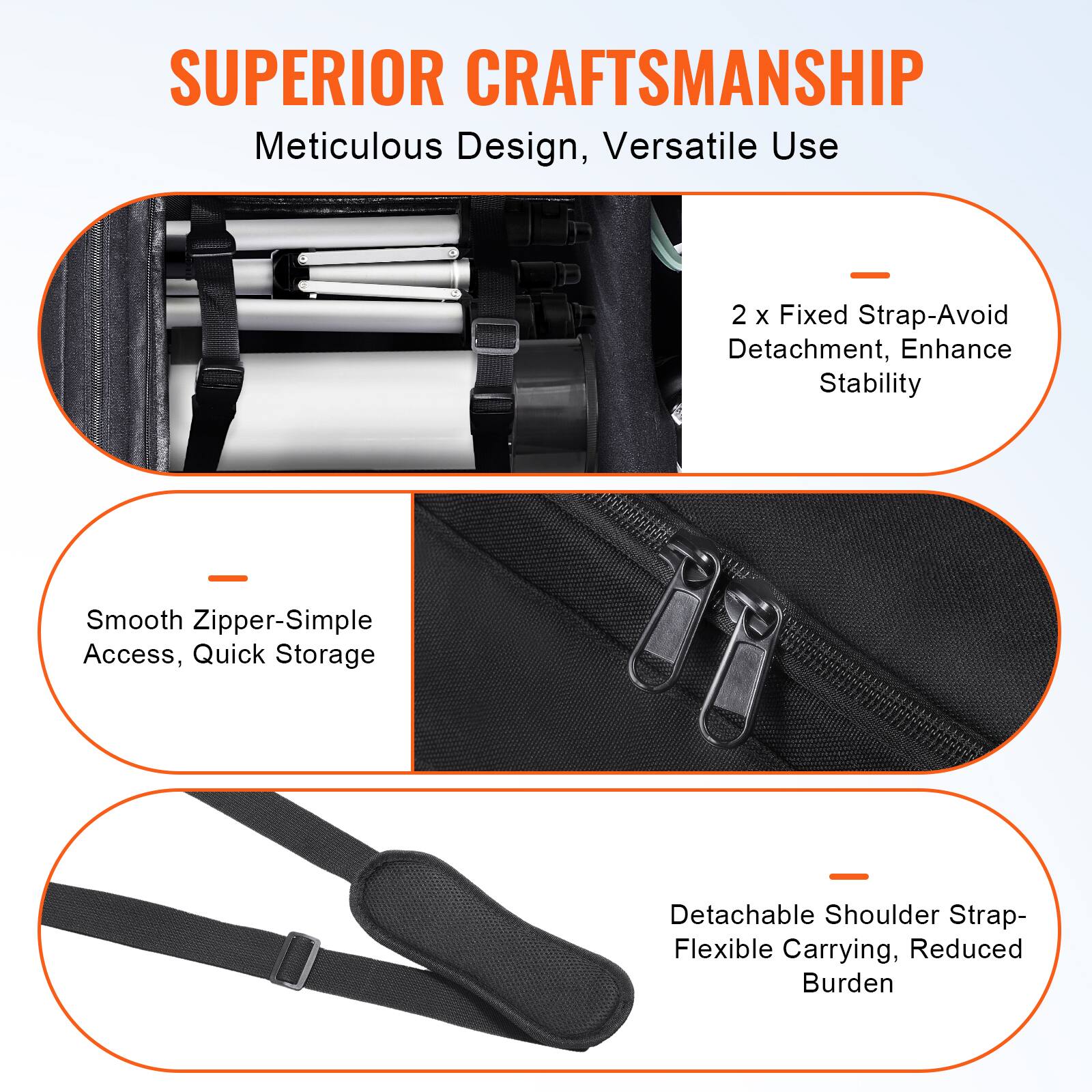 SUPERIOR CRAFTSMANSHIP  
Meticulous Design, Versatile Use  

- 2 x Fixed Strap-Avoid Detachment, Enhance Stability  
- Smooth Zipper-Simple Access, Quick Storage  
- Detachable Shoulder Strap-Flexible Carrying, Reduced Burden