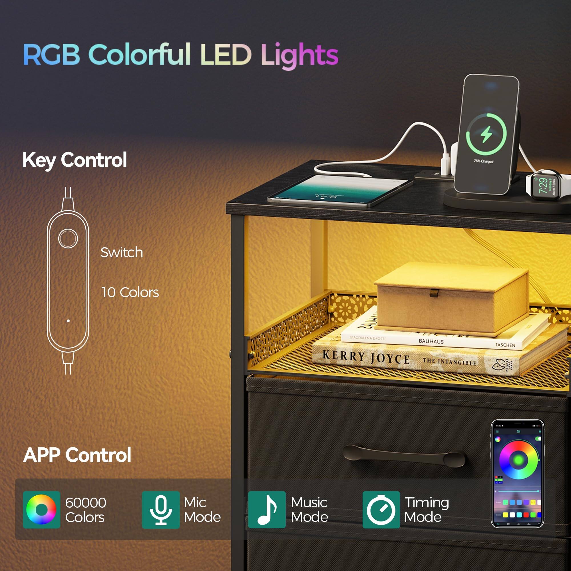 RGB Colorful LED Lights

Key Control
- Switch
- 10 Colors

APP Control
- 60000 Colors
- Mic Mode
- Music Mode
- Timing Mode