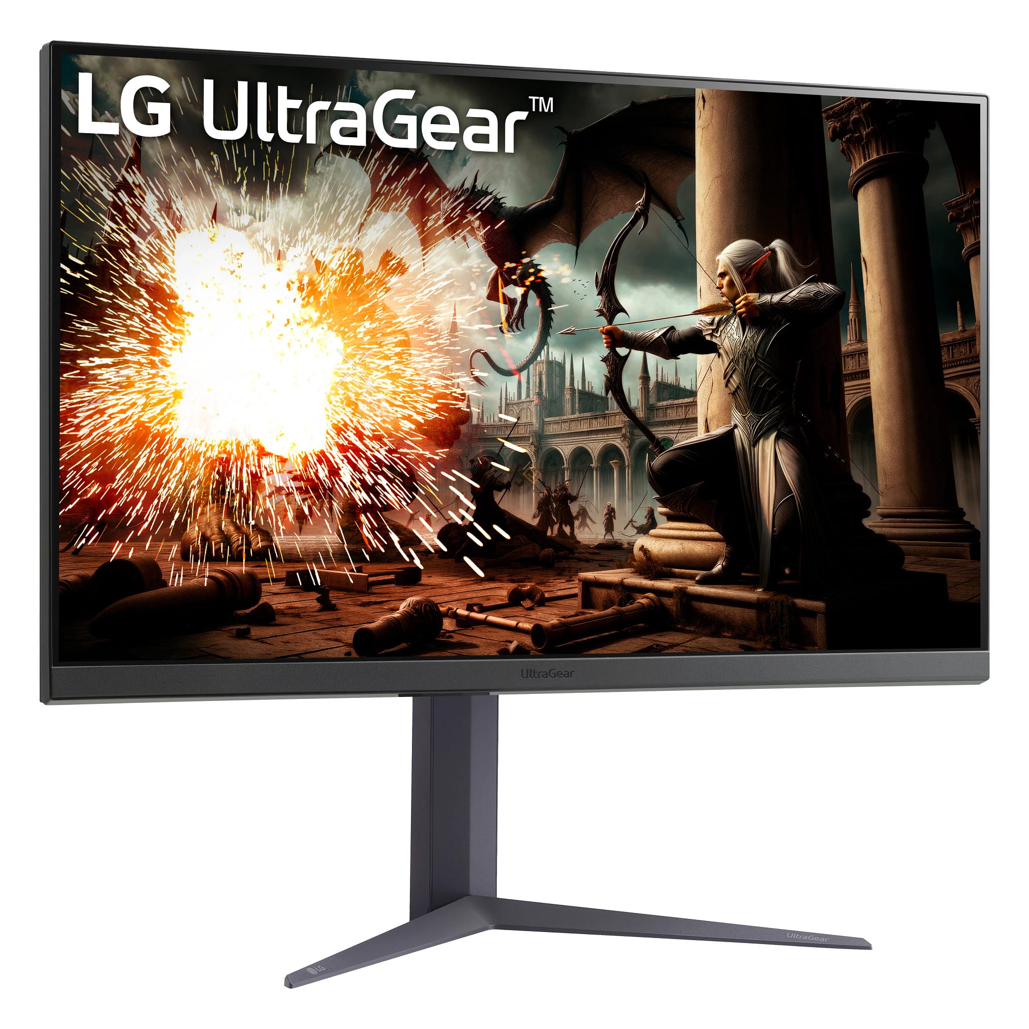 The image features a large LG UltraGear monitor with a man in a white shirt and a bow and arrow on the screen. The monitor is prominently displayed, taking up a significant portion of the image. The man is depicted as a warrior, possibly engaged in a battle or an adventure. The scene is set in a dark environment, which adds to the dramatic atmosphere of the image. The LG UltraGear monitor is designed to provide an immersive gaming experience with its high-quality display and advanced features.