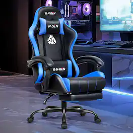 Neo Chair - Gaming Chair with Footrest, High Back Ergonomic Office Computer Desk Chair, Lumbar Support, PU Leather Recliner - Blue