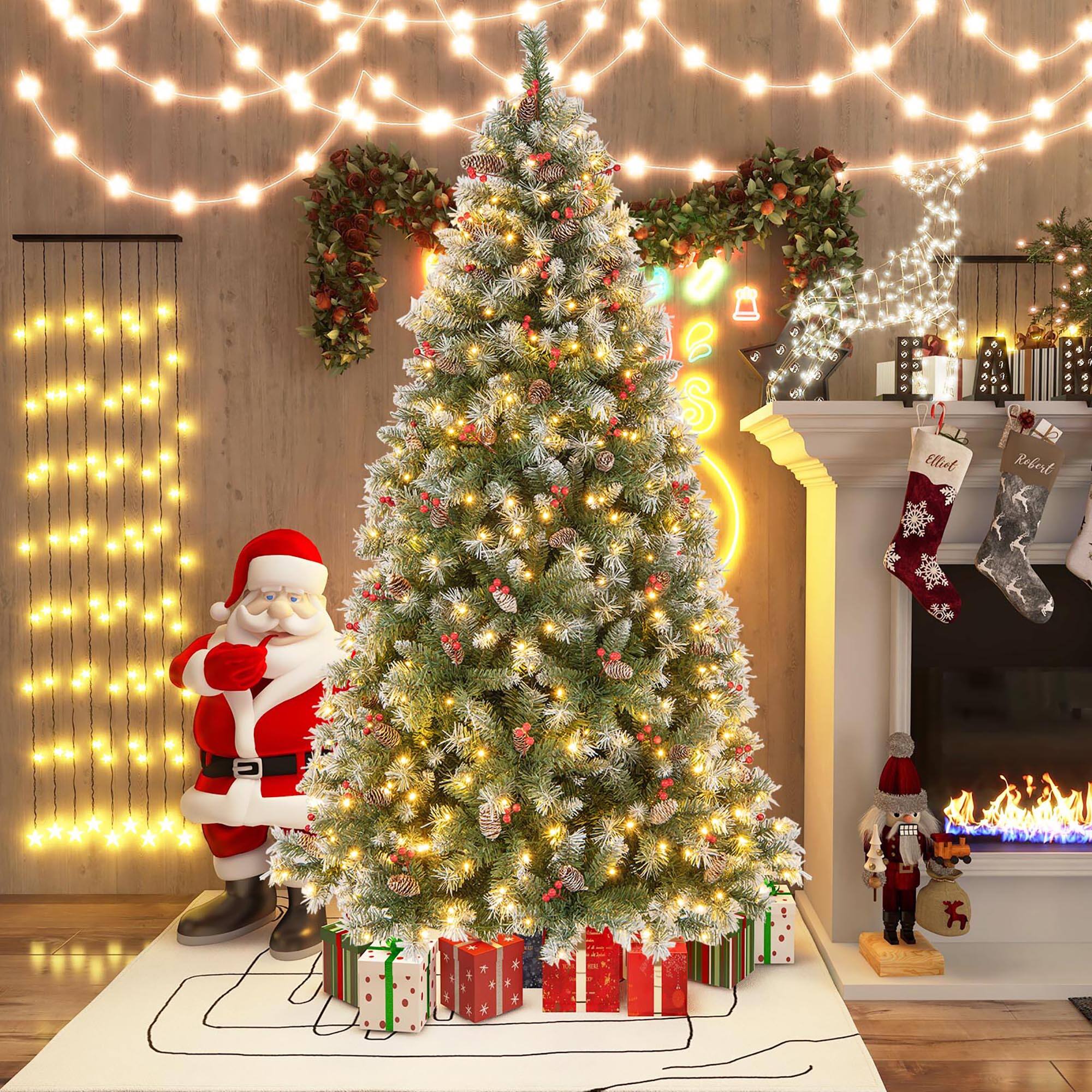 Gymax - 7.5 FT Pre-Lit Christmas Tree Artificial Hinged Christmas Tree w/ 560 Warm-White LED Lights - Green, White