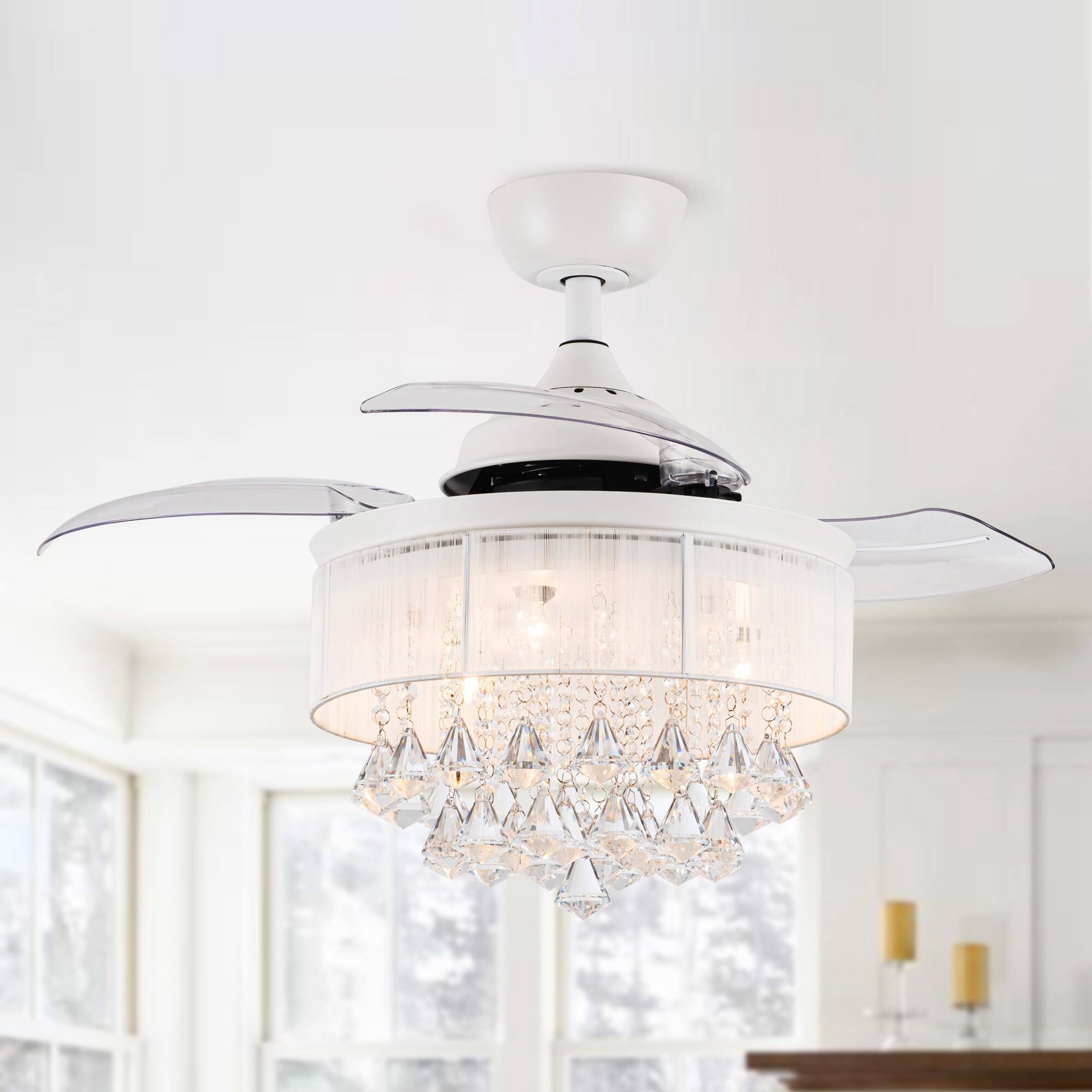 Left. Parrot Uncle - 36" White Retractable 3-blade Crystal Ceiling Fan Chandelier with Remote - Matte White.