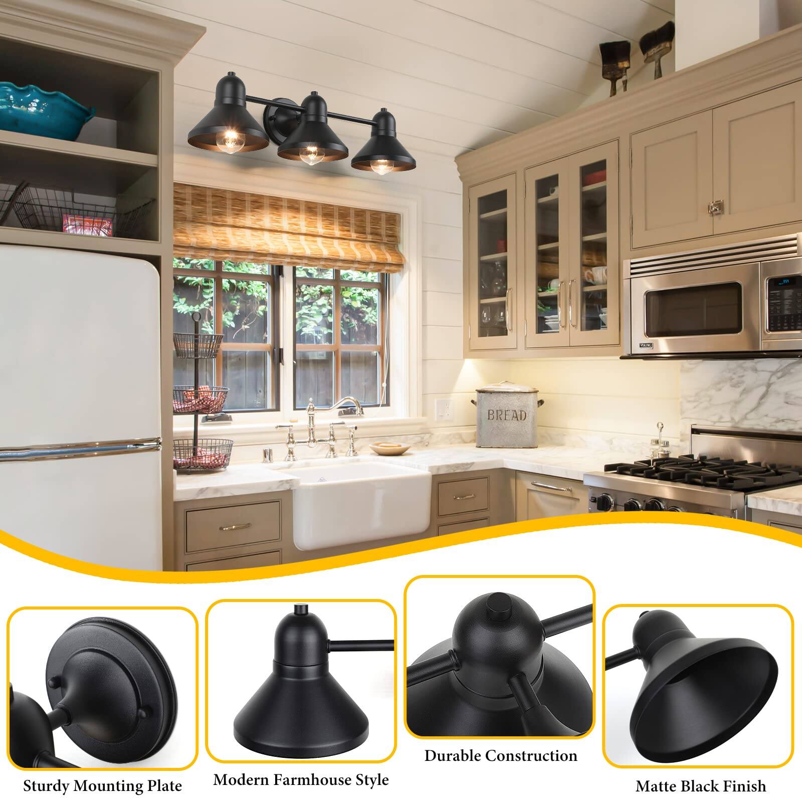 BREAD AD  
Sturdy Mounting Plate  
Modern Farmhouse Style  
Durable Construction  
Matte Black Finish