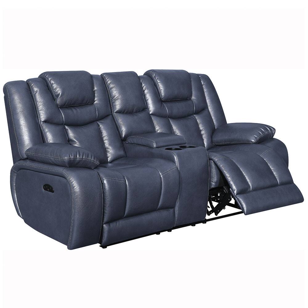 Angle. Global Furniture USA - Apex Navy Leather Power Reclining Sofa and Loveseat with Drop Down Table, Console and Power Headrests - Blue.