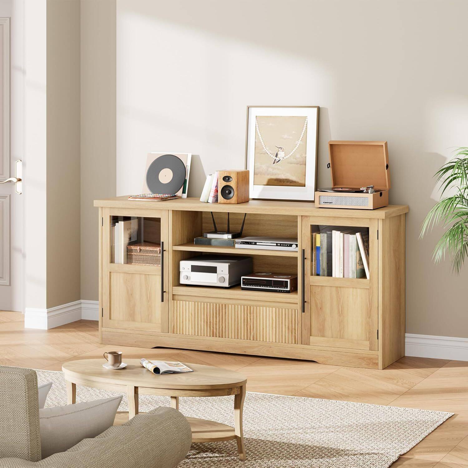 Angle. Acekool - Retro TV Stand for 75 Inch TV Media Console with 2 Glass Cabinets & Open Shelves, Oak - Oak.