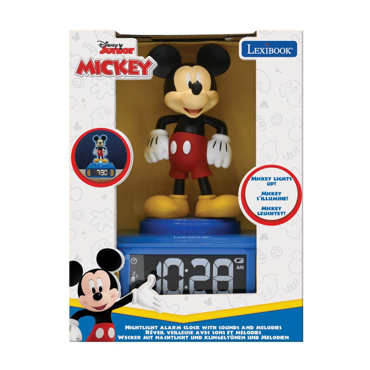 Disney Junior MICKEY LEXIBOOK 730 wewl MKCKEY LIGHTS UP! MICKEY S'ILLUMINE! MKCKEY LEUCHTET! Lti~ BOOK AM 10:28 NIGHTLIGHT ALARM CLOCK WITH SOUNDS AND MELODIES RVEIL VEILLEUSE AVEC SONS ET MELODIES WECKER MIT NACHTLICHT UND KLINGELTONEN UND MELODIEN