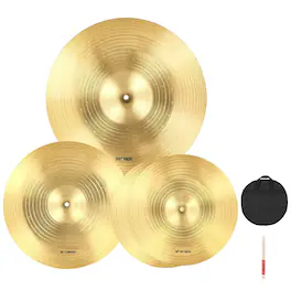 Glintex - Cymbal Pack for Drum Set, 3-Piece Alloy Cymbals with 14" Hi-Hats, 16" Crash, 20" Ride, Drumsticks & Carry Bag - Bright Copper