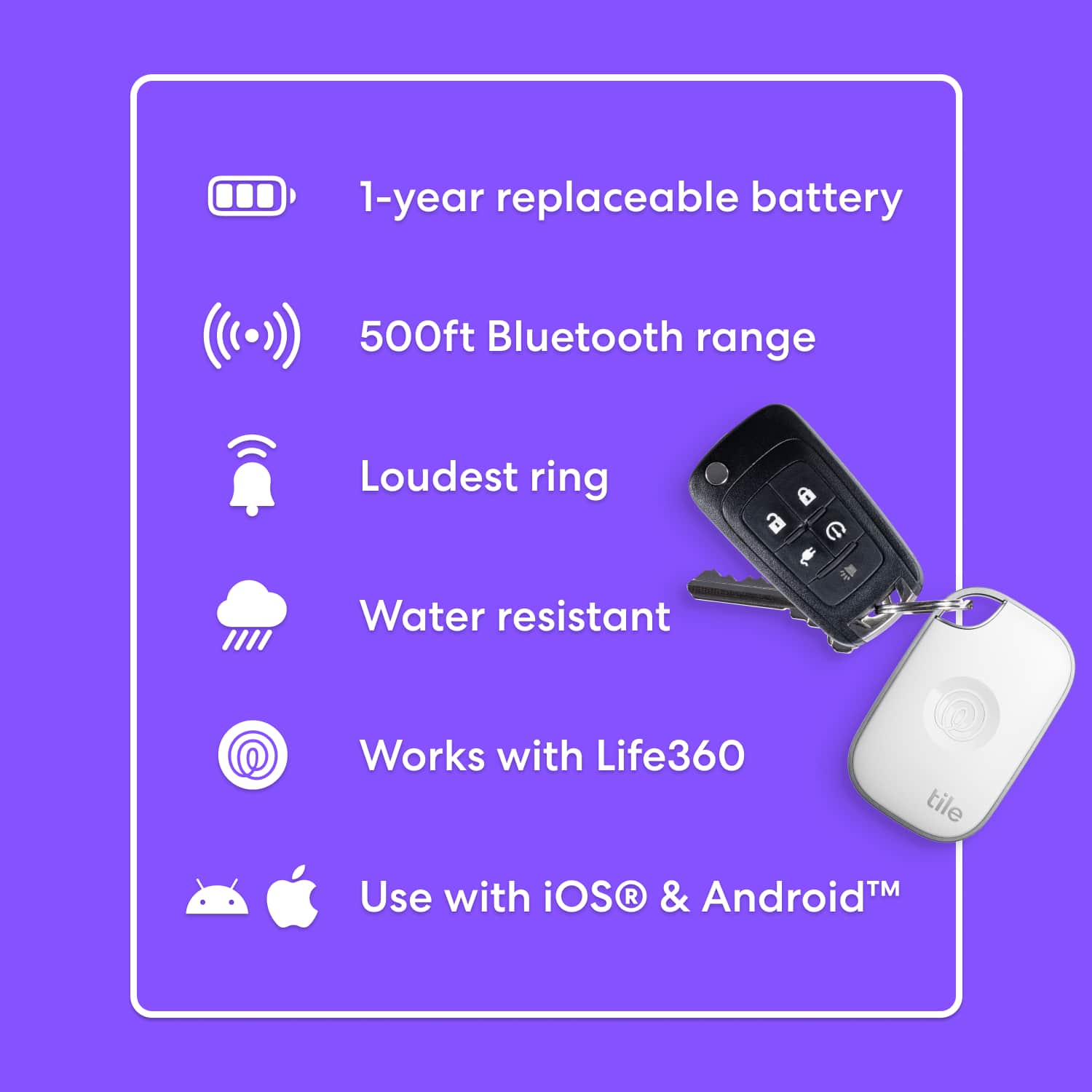 The text on the image is grouped and corrected as follows:
1. 1-year replaceable battery
2. 500ft Bluetooth range
3. Loudest ring
4. Water resistant
5. Works with Life360 tile
6. Use with iOS & Android