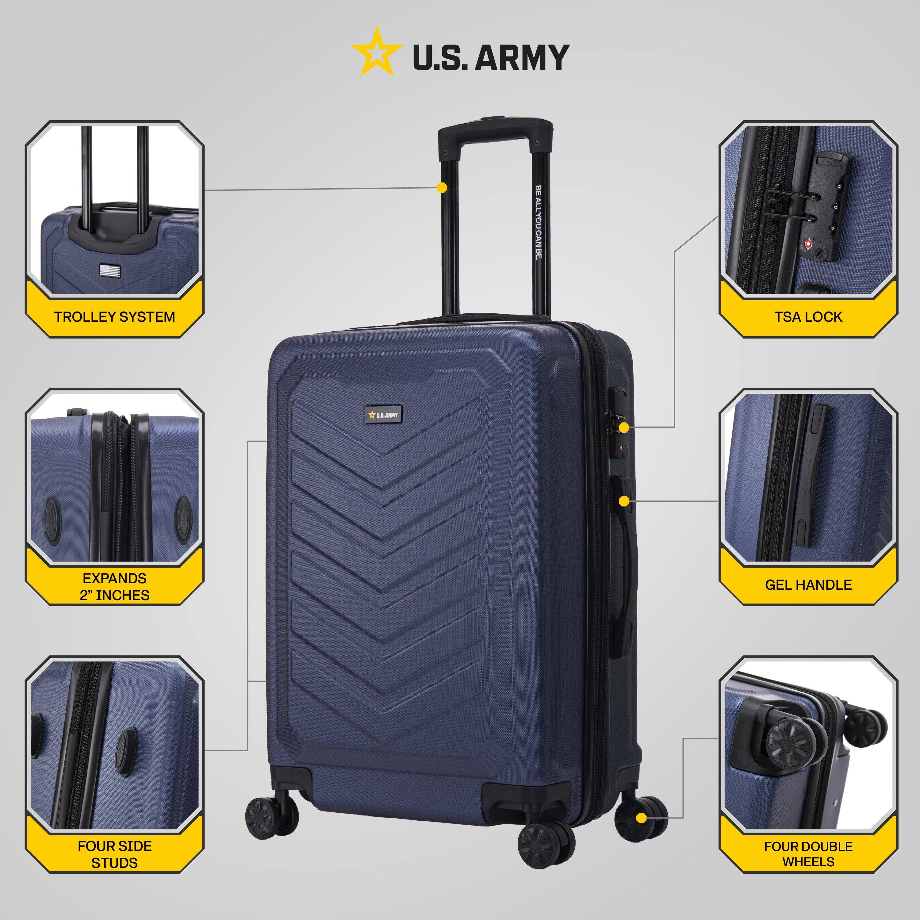 U.S. ARMY

- TROLLEY SYSTEM
- TSA LOCK
- EXPANDS 2" INCHES
- GEL HANDLE
- FOUR SIDE STUDS
- FOUR DOUBLE WHEELS
