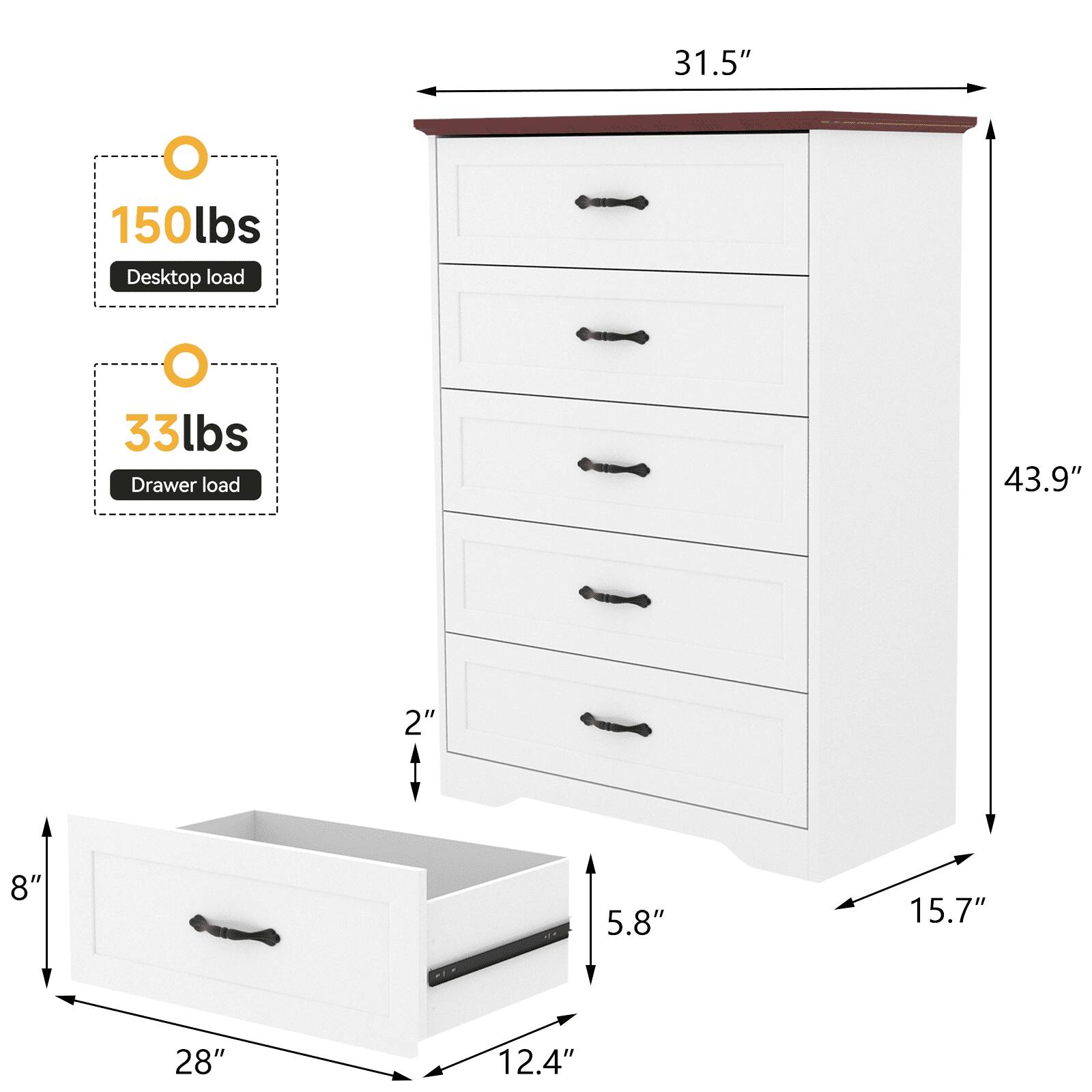 31.5"  
150lbs Desktop load  
33lbs Drawer load  
43.9"  
2"  
8"  
5.8"  
15.7"  
28"  
12.4"