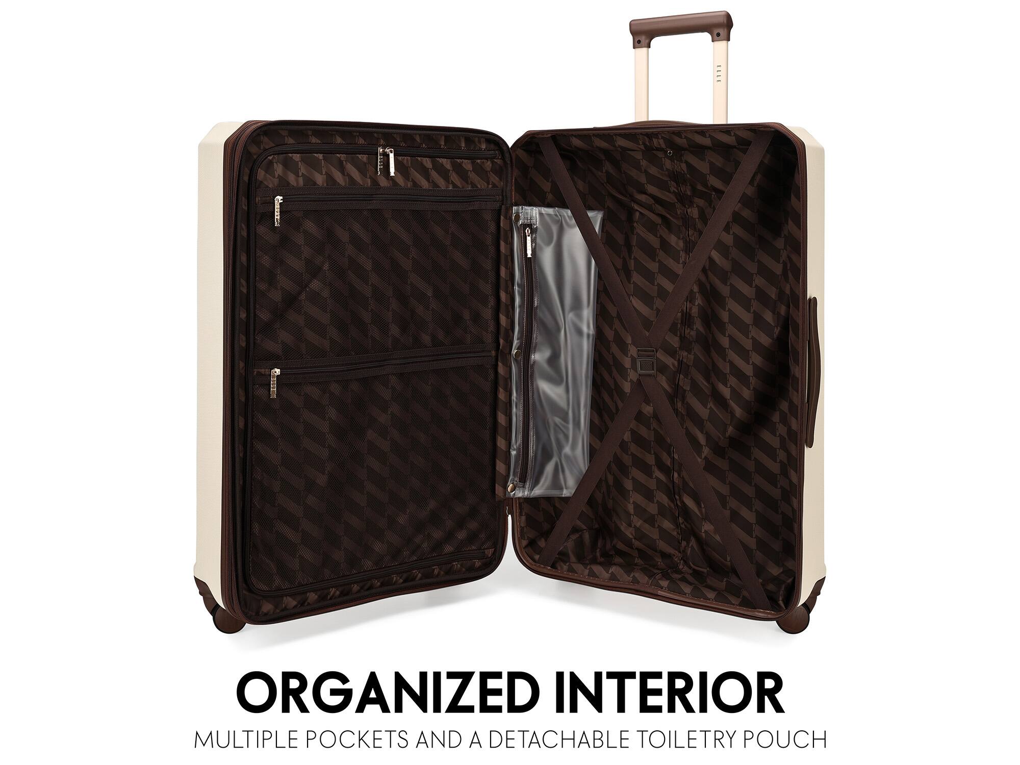 C I ORGANIZED INTERIOR MULTIPLE POCKETS AND A DETACHABLE TOILETRY POUCH