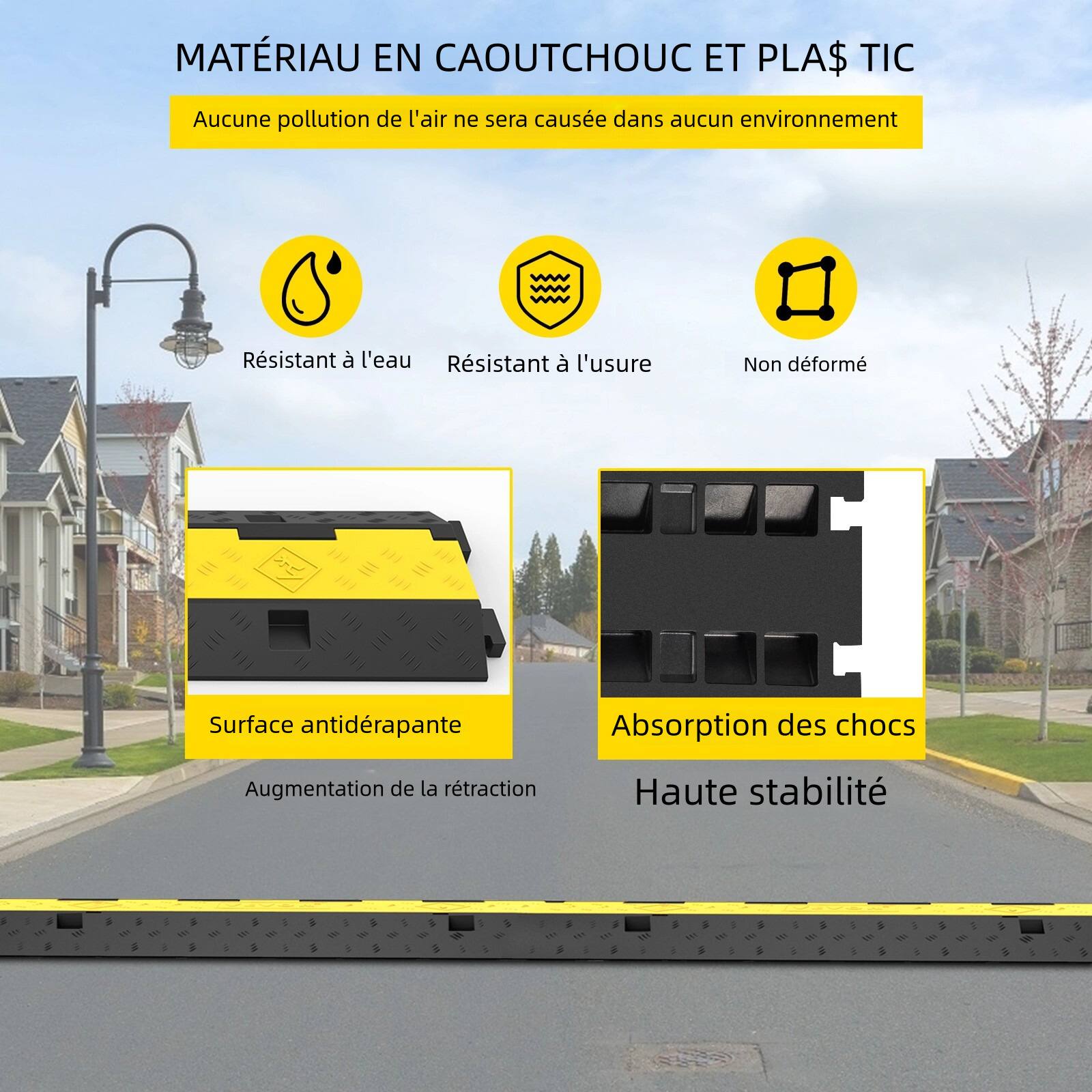 MATRIAU EN CAOUTCHOUC ET PLA$ TIC Aucune pollution de l'air ne sera cause dans aucun environnement Résistant à l'eau Résistant à l'usure Non déformé Surface antidérapante Absorption des chocs Augmentation de la rétraction Haute stabilité