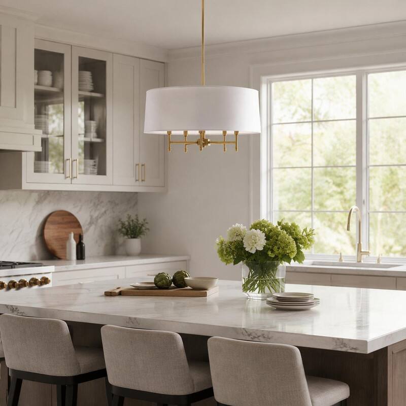 Back. RYHNUYNE - 5-Light Modern Drum Pendant Light,Gold Chandelier with White Linen Shade for Dining Room Kitchen Island - Gold.
