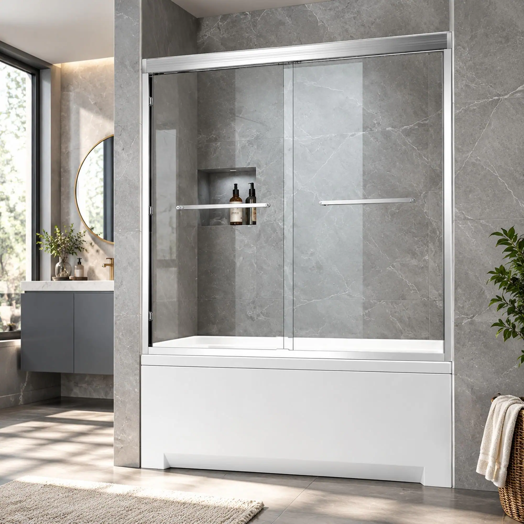Front. RYHNUYNE - 56-60" W X 60" H Double Sliding Tub Shower Door With 1/4" Tempered Clear Glass, Chrome Aluminum Frame - Chrome.