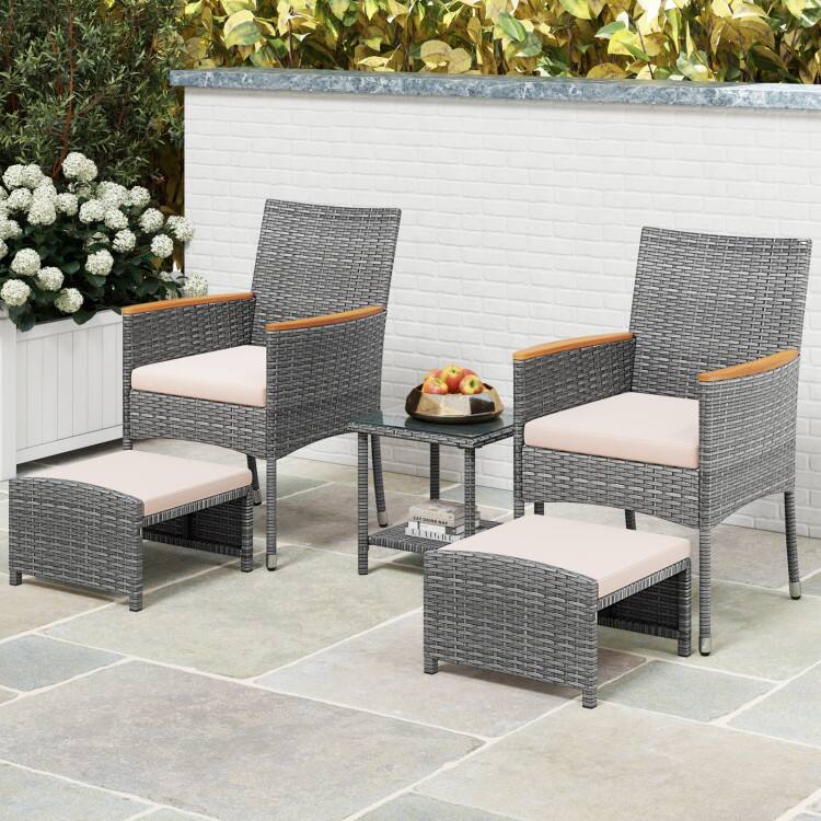 Left. SlickBlue - 5 Piece Patio Conversation Set with Soft Cushions and Matching Ottomans - Beige.