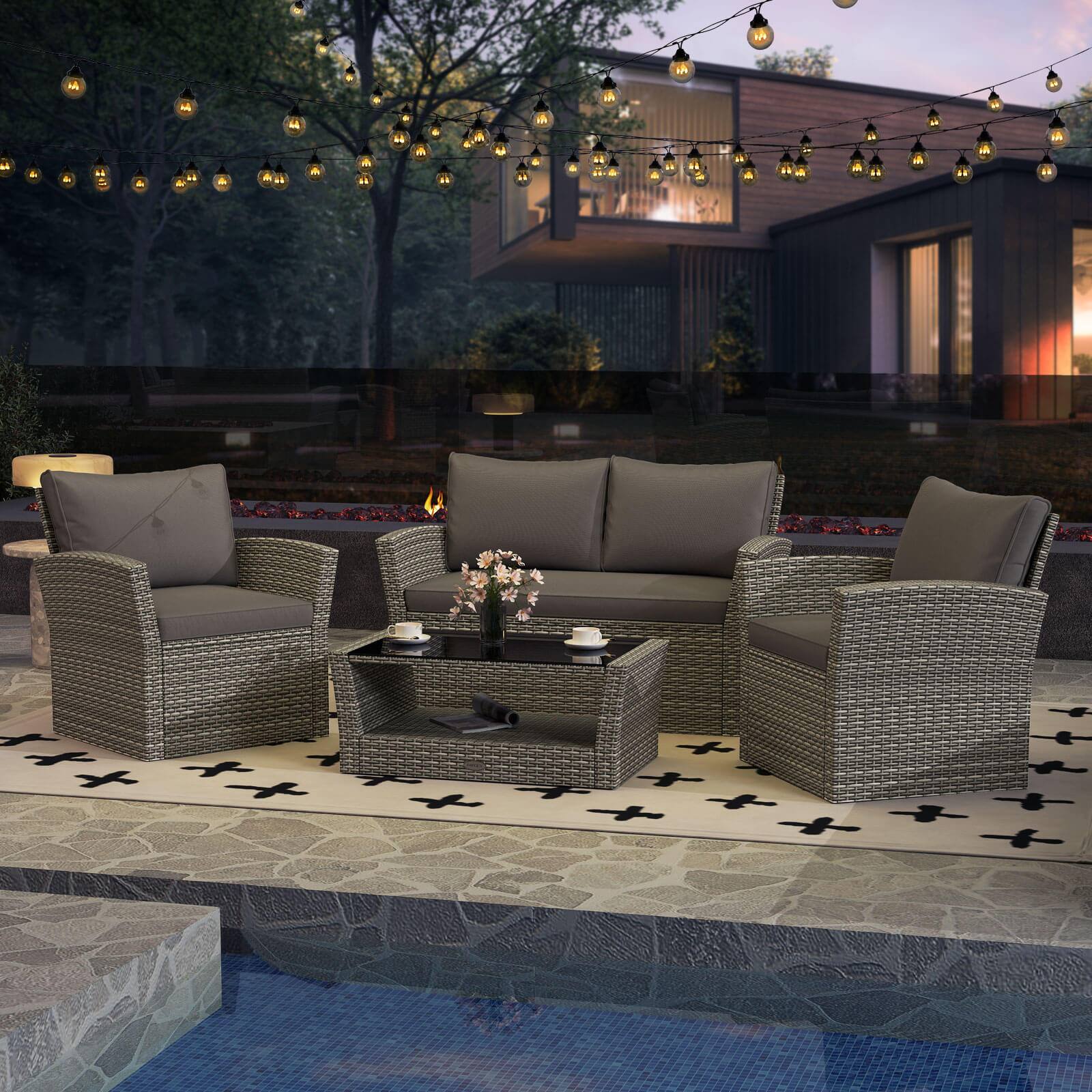 Alt View 3. Costway - Costway 4 PCS Patio Furniture Set with 2 Rattan Chairs Loveseat Coffee Table Cushions - Gray.