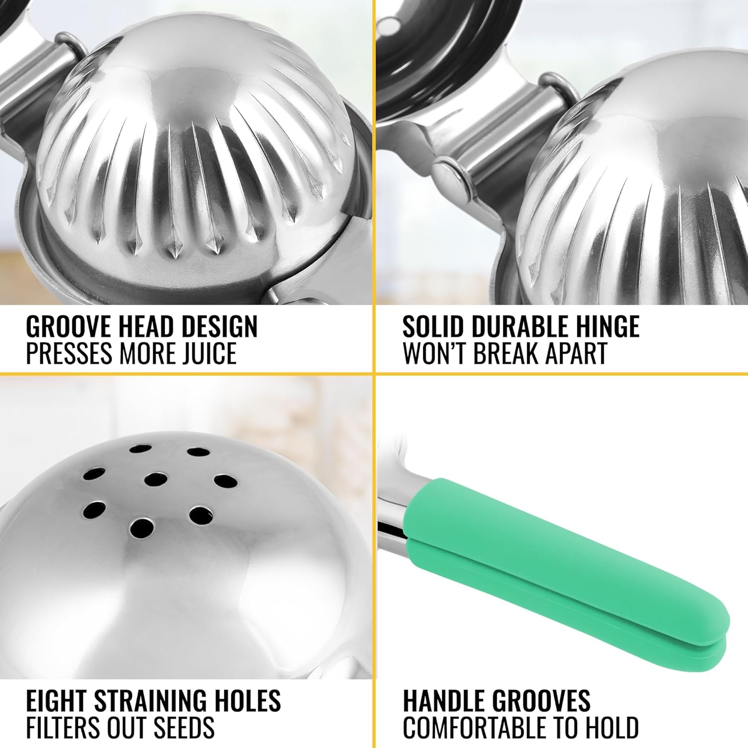 GROOVE HEAD DESIGN PRESSES MORE JUICE, SOLID DURABLE HINGE WON'T BREAK APART, EIGHT STRAINING HOLES FILTERS OUT SEEDS, HANDLE GROOVES COMFORTABLE TO HOLD